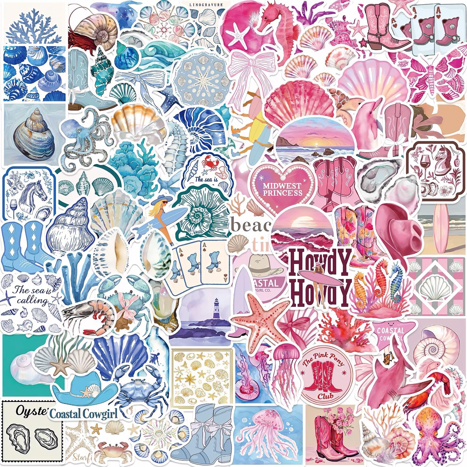 Blue & Pink Coastal Stickers 100 Pack, Beachy Summer Ocean Theme Waterproof Vinyl Decals for Girls Teens Water Bottles - Image 2