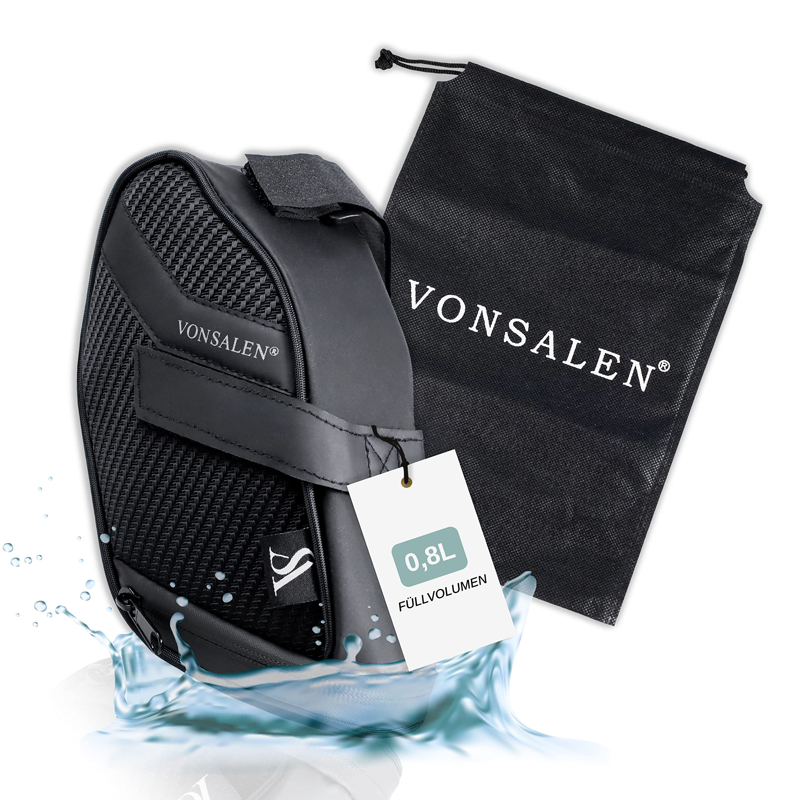 VONSALEN® Universal bicycle saddle bag with protective bag [0.8 litres] I waterproof bicycle saddle bag with lots of storage space - perfect for any tour I saddle bag road bike suitable for any saddle