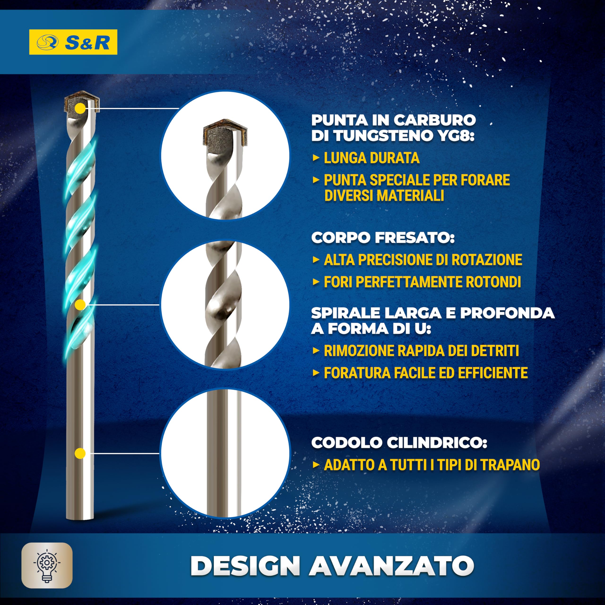 S&R 7 Punte Trapano per Muratura, Muro, Cemento. Set di Punte Miste per Ferro Metallo, Legno, Ceramica. Punte a Percussione con Attacco Rotondo.