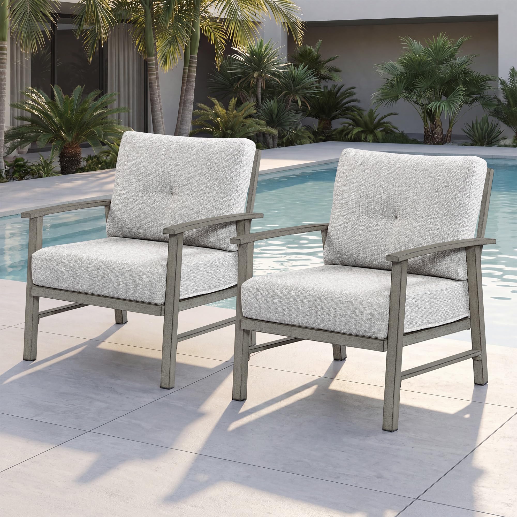 2 Pieces Outdoor Patio Chairs, Outdoor Aluminum Armchair Conversation Set with Thick Cushions, All Weather Patio Furniture Sofa Chairs Set for Garden, Poolside, Lawn, Limed Oak