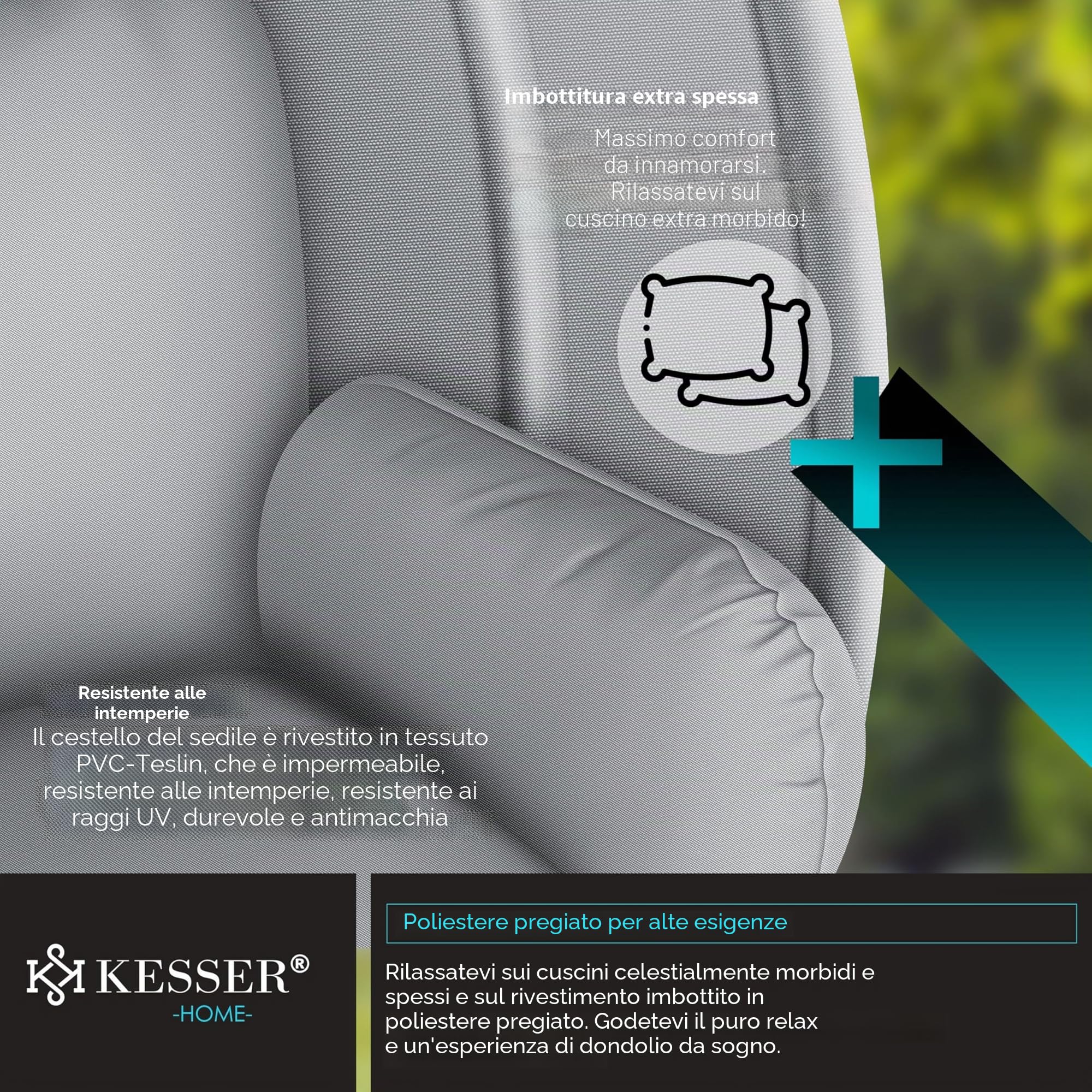 KESSER® Poltrona sospesa Luxe con telaio + morbido cuscino da seduta, imbottitura laterale, seduta e schienale imbottiti, cesto sospeso, per interni ed esterni, cesto a dondolo da giardino, grigio