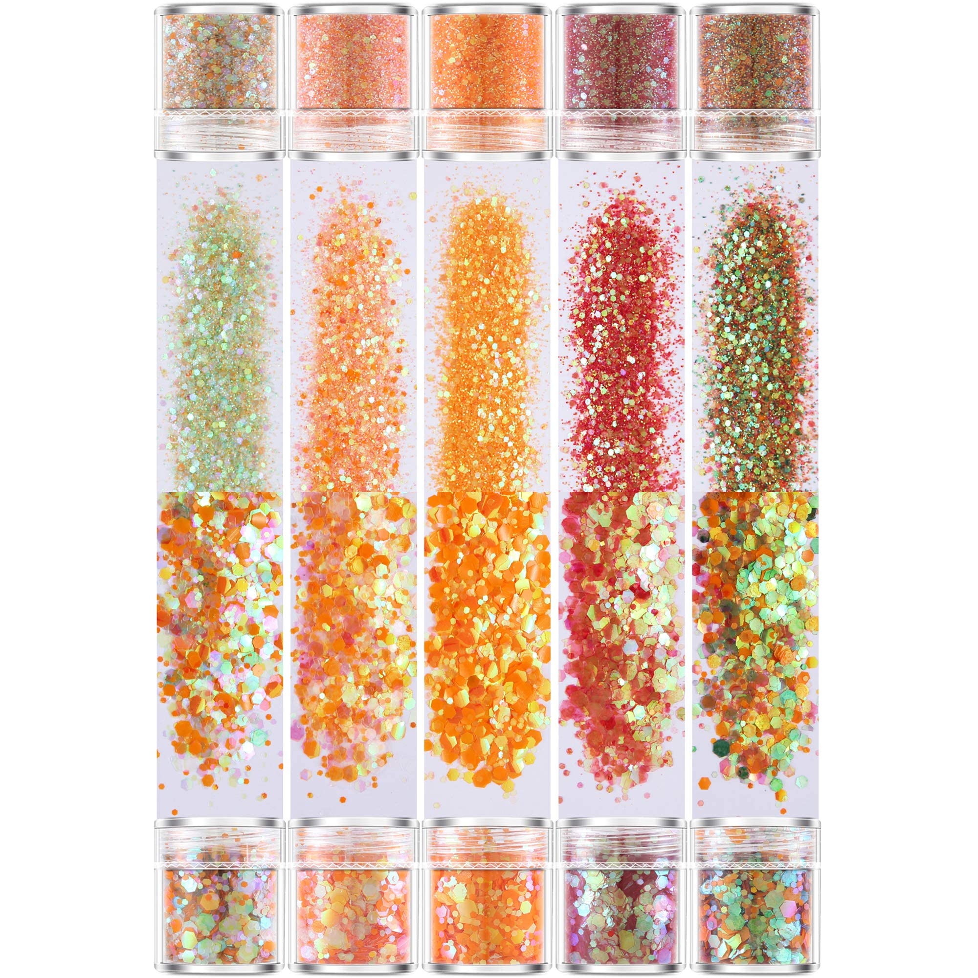 Glitter Powder for Craft Resin Nail, Hexagons Iridescent Sequins Art Decor Sparkles Flakes for Craft Tumbler, Slime, Body Face Hair Eye Cosmetic Festival Face Makeup 10 Pcs (Orange Red Green Mix)