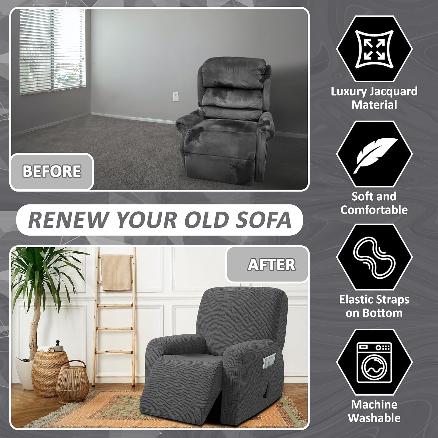 ULTICOR 4-Piece, 1 Seat Recliner Cover, Jacquared Stretch Reclining Chair Covers for 1 Cushion Reclining Sofa, Single Seat Recliner Couch Cover, Soft, Machine Washable (Style 4) (Dark Grey)