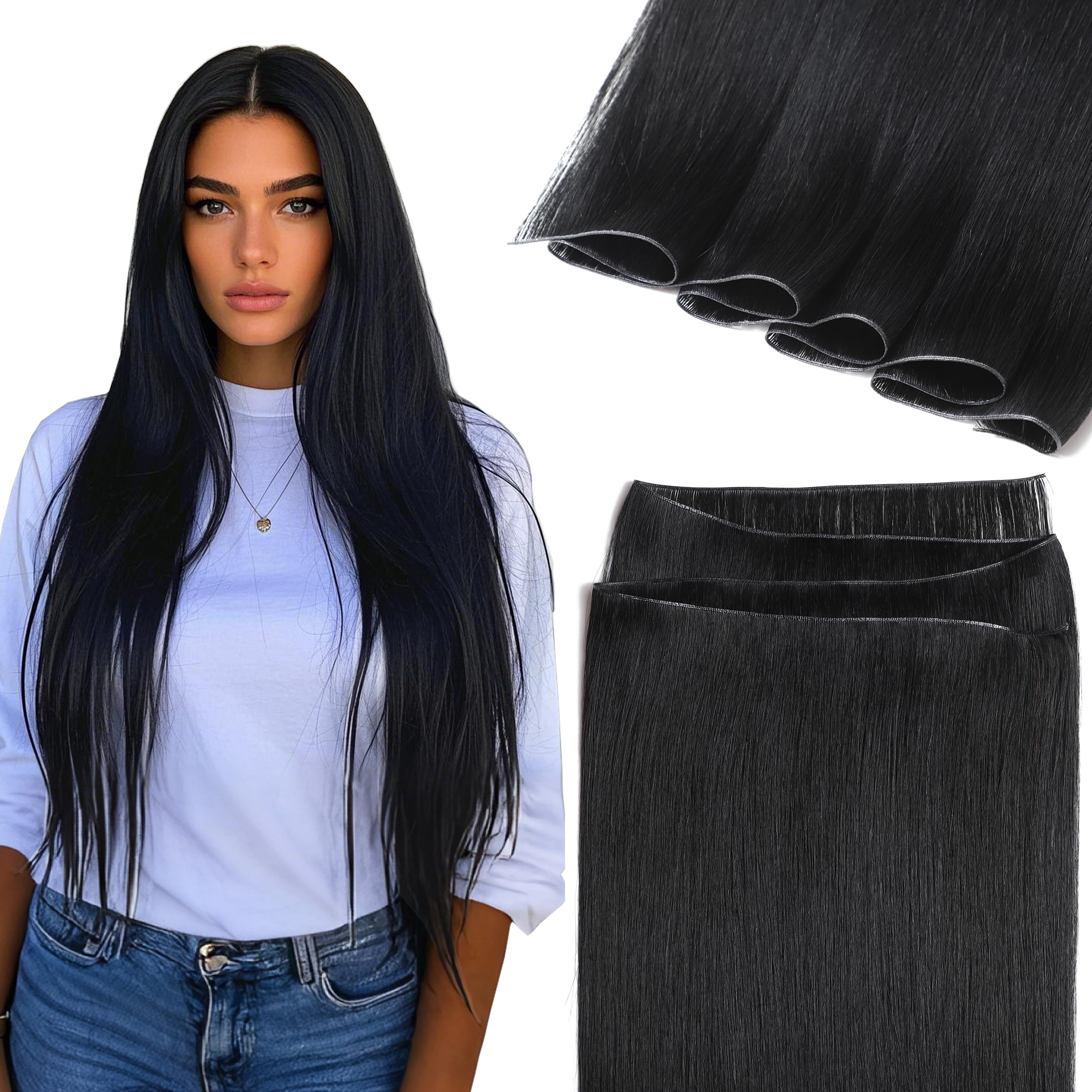 Lacer Genius Sew in Hair Extensions Real Human Hair 22inch Jet Black Invisible Genius Weft Hair Extensions One Piece 60G Remy Human Hair for Women