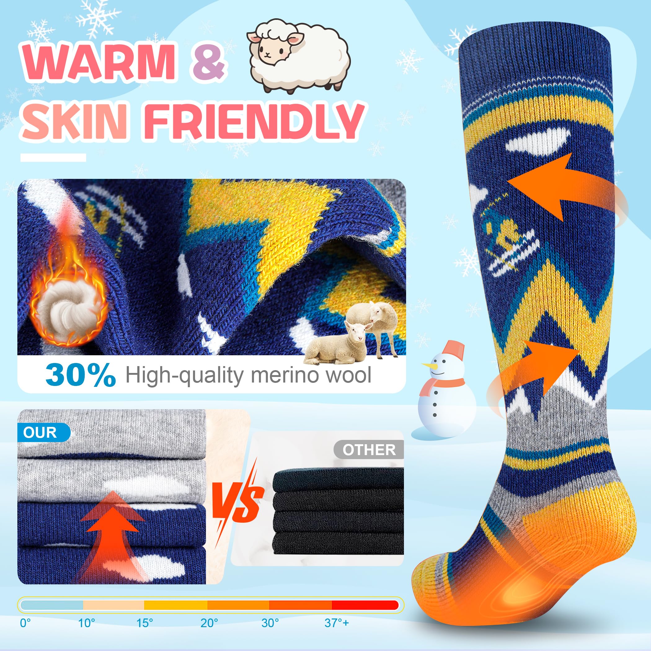 unenow Calcetines térmicos de lana merino para niños, 2 pares de calcetines térmicos de invierno para snowboard para niños y niñas