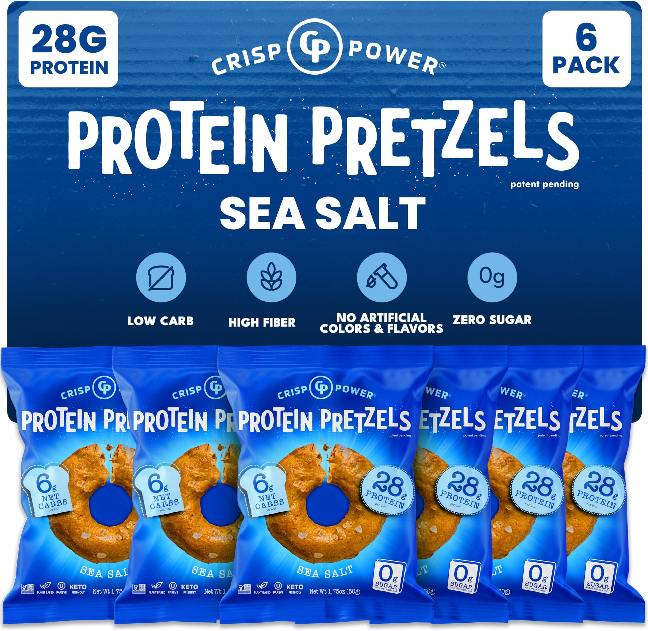 CRISP POWER Protein Pretzels, Sea Salt, 28G Protein, High Protein Snack, High Fiber, Low Carb Crunchy Pretzel Snacks, No Added Sugar, 1.75 oz Bags, 6 Pack, Vegan, Keto