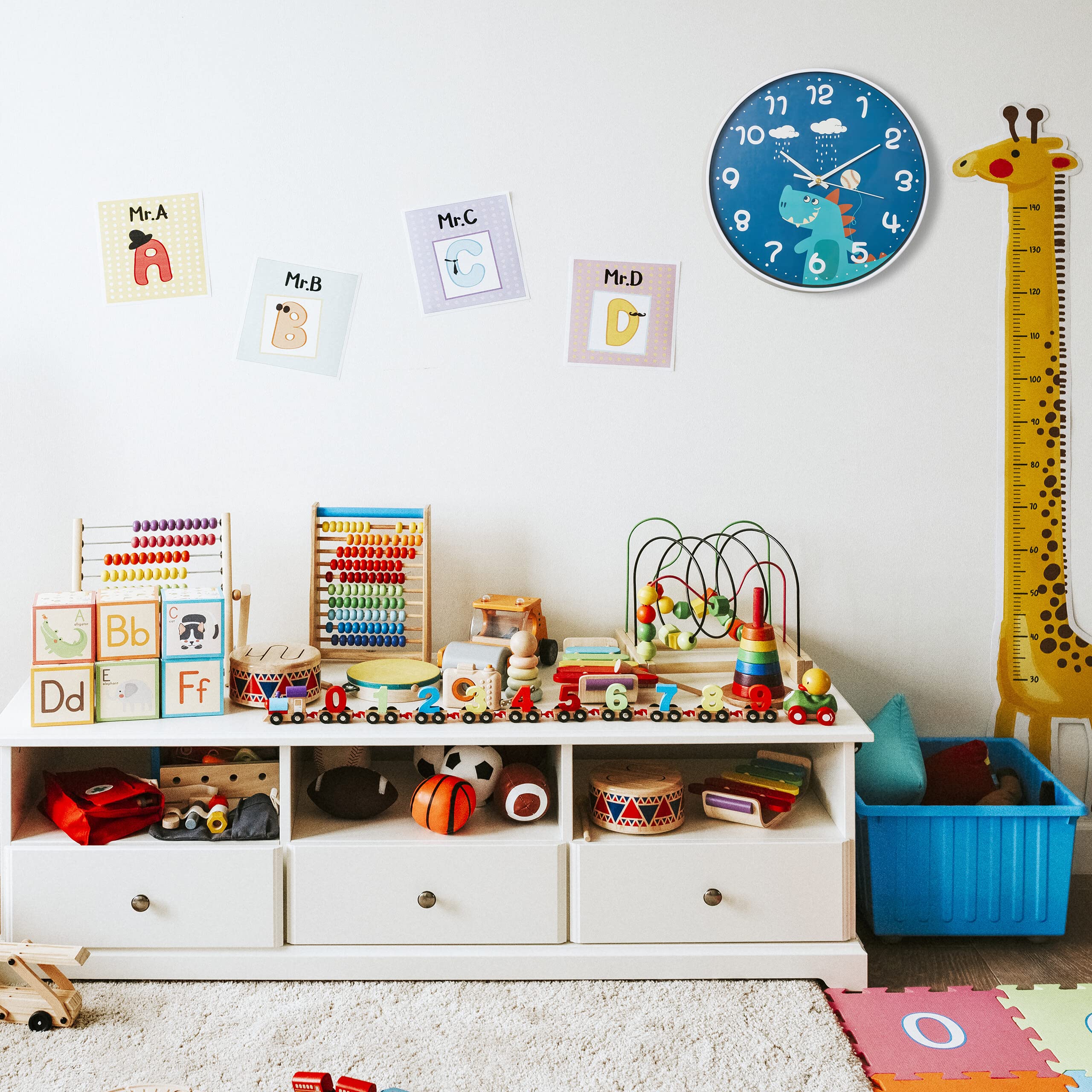 Relaxdays Zegar ścienny z dinozaurami, Ø 29,5 cm, zegar dinozaur dla dzieci, zegar do pokoju dziecięcego, dla chłopców i dziewczynek, zegar dziecięcy ścienny, niebieski