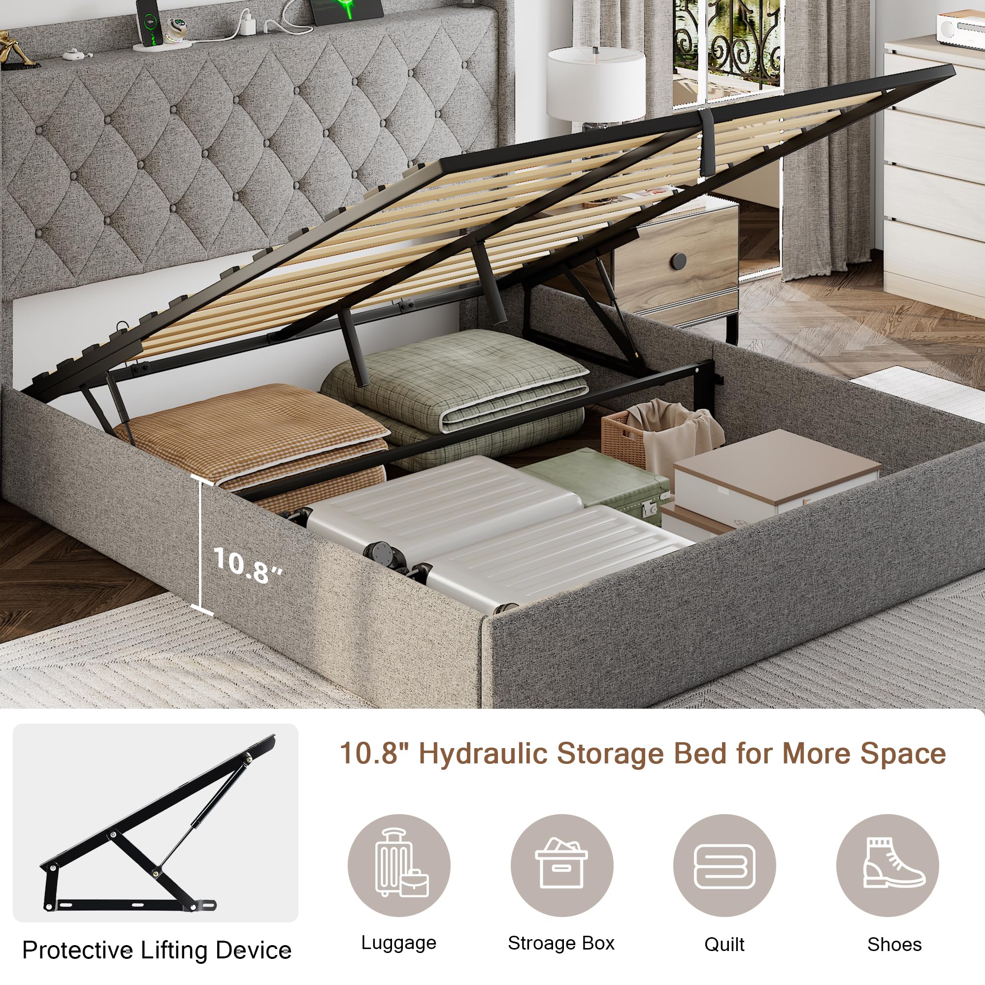 Amazon｜Einhomn フルサイズ リフトアップ収納 ベッドフレーム 充電