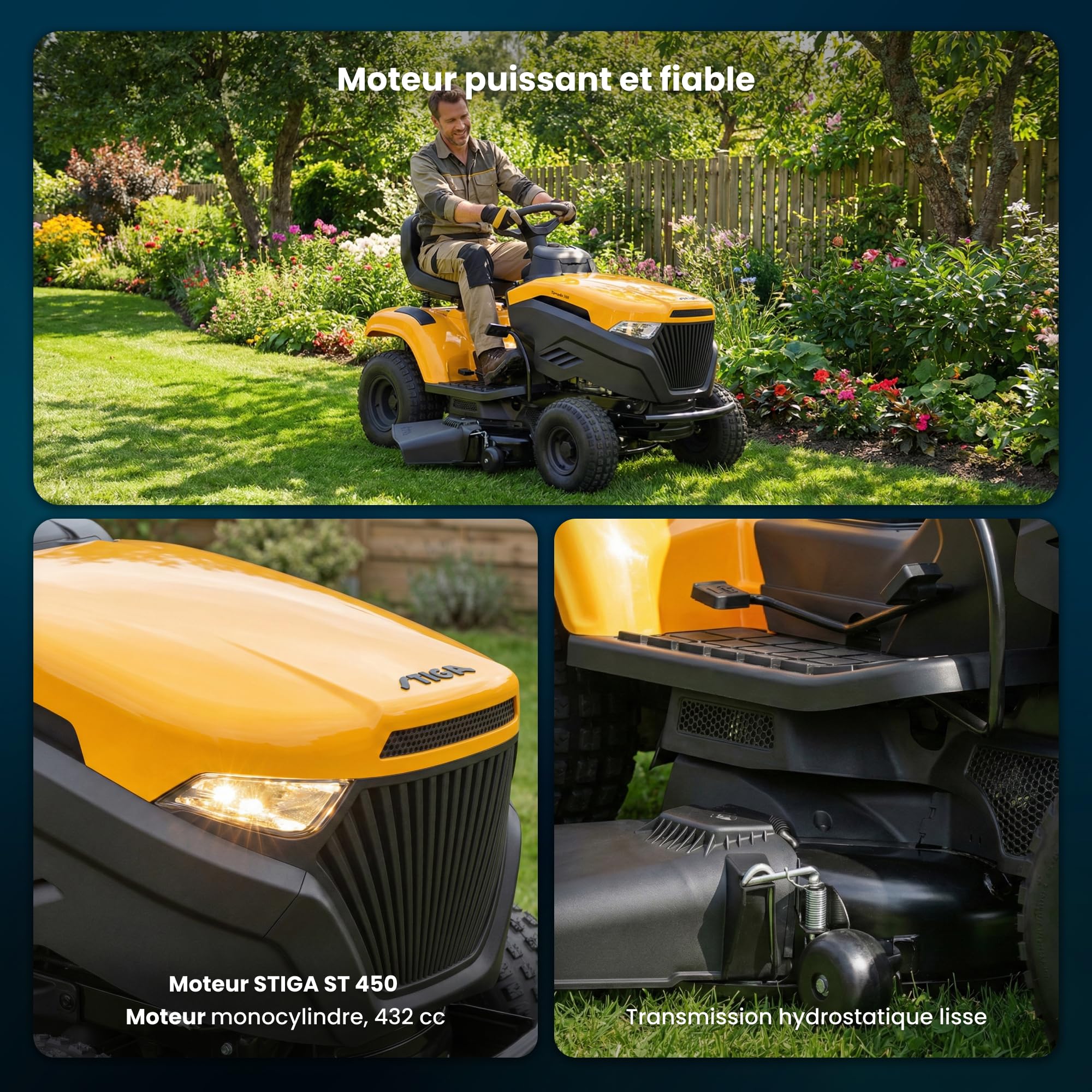 STIGA Tornado 398 Tracteur de Jardin à Essence - Moteur 432cc St 450, Plateau de Coupe 98cm, Transmission hydrostatique, éjection latérale et broyer - Idéal pour Les Grands Jardins jusqu'à 5.000 m².