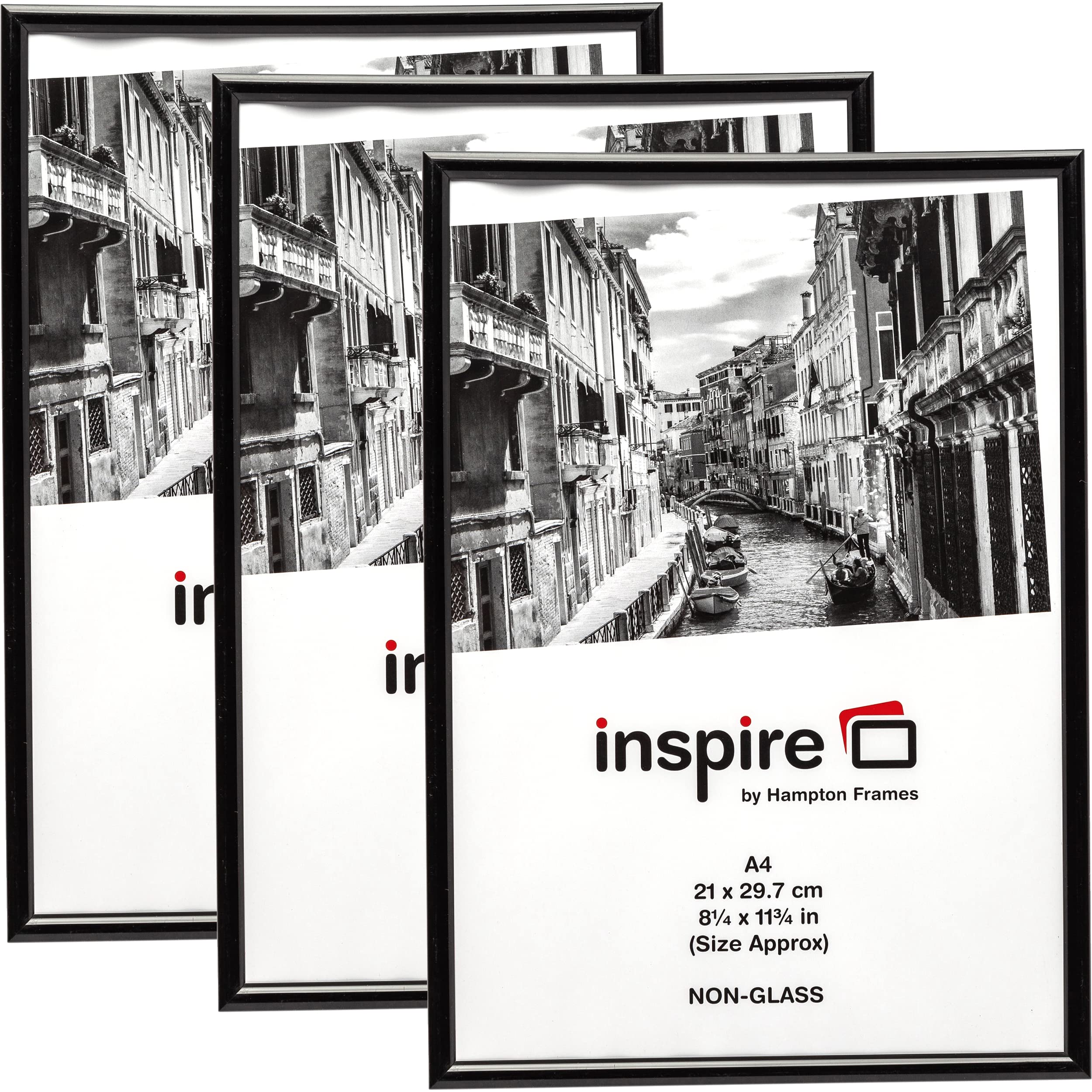 Hampton Frames Black Backloader Picture Frame Set | A4 (21X29.7cm), Pack Of 3, Plastic, Foil Wrapped | Acrylic Front, Freestanding Or Wall Mount | Poster Photo Certificate Display