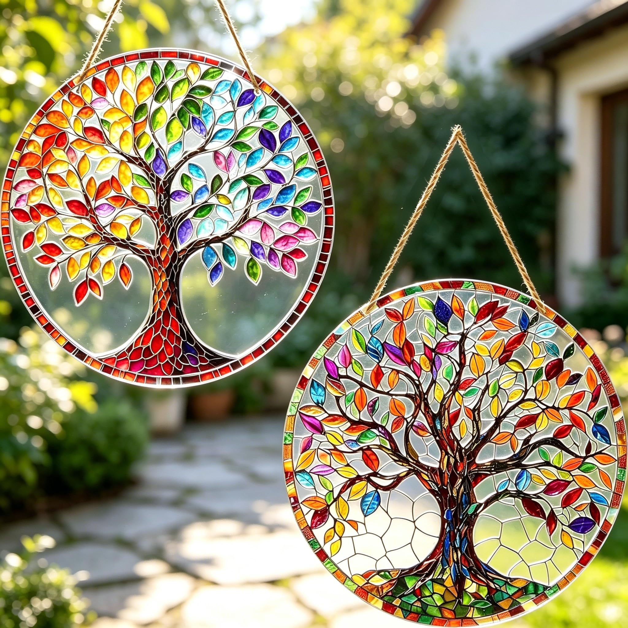 Muiltvoe 2-Pack Tree of Life Garden Wall Decorations, Outdoor Round Wall Art Hanging Ornaments for Patio, Fence, Yard - Weatherproof Acrylic