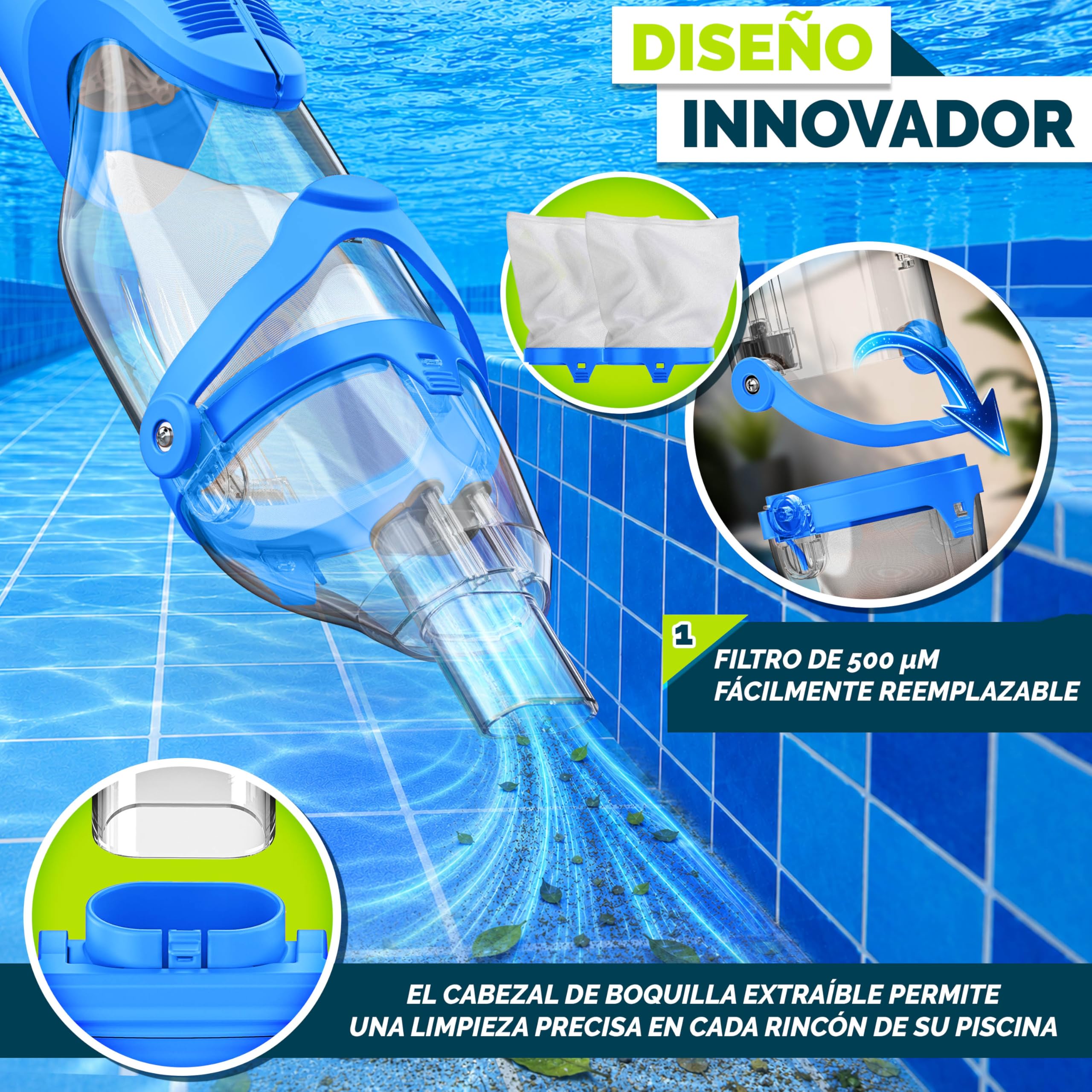 tillvex Aspirador de Piscina con batería y Barra telescópica + Filtro de Repuesto de hasta 15 m³ | Aspiradora eléctrica para Piscina con Filtro y 60 min de autonomía | Set de Limpieza inalámbrico