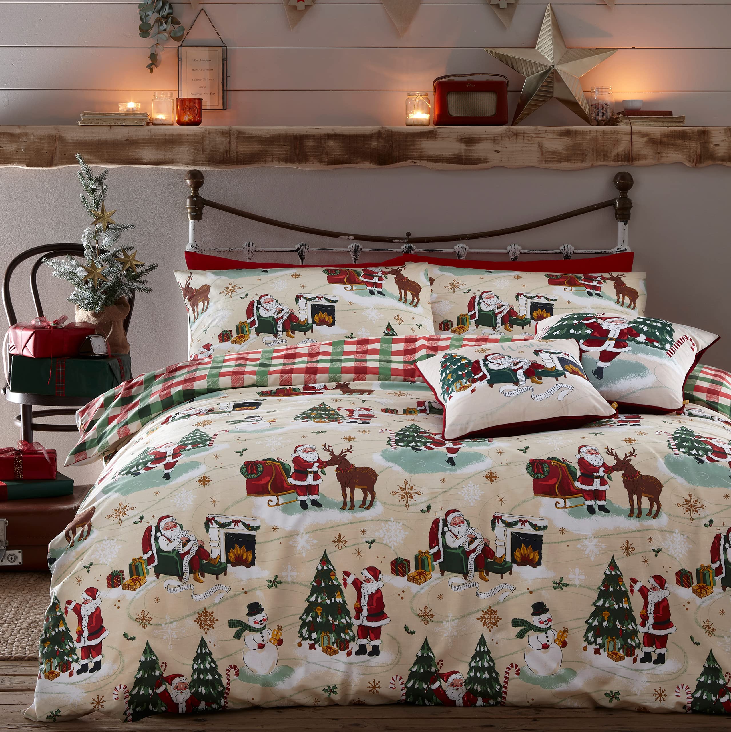 furn Jolly Santa Christmas Duvet Cover Set - Festive Bedding Holiday Décor (Cream/Red - D...