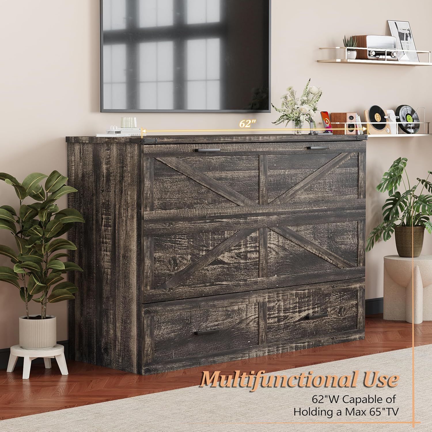 Bellemave Queen Murphy Bed, Cabinet Bed with Charging Station and Storage, Farmhouse Murphy Cabinet with Foldable Panel, Noisy Free, for Guest Bedroom, Living Room, Office, Rustic Gray