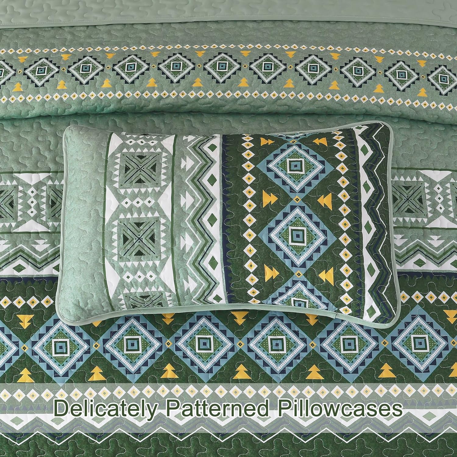 WONGS BEDDING Green Quilt Set Queen Size,3 Pieces Boho Bedspread Coverlet Set,Soft Bohemian Bedding Set Queen for All Season 96"×90" - Image 4