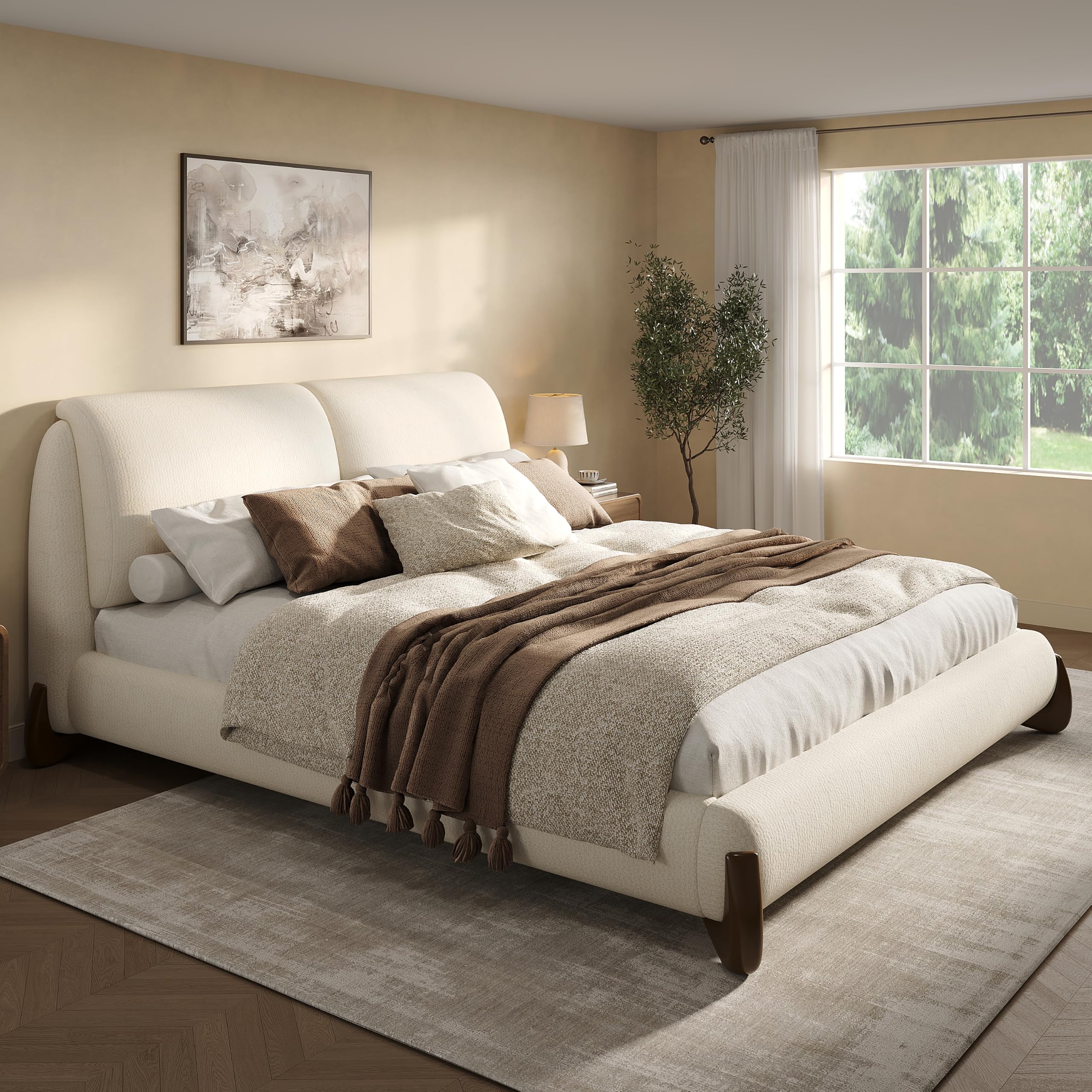 Merax King Chenille Platform Bed with mattress and pillows, showcasing its curved headboard and overall design.