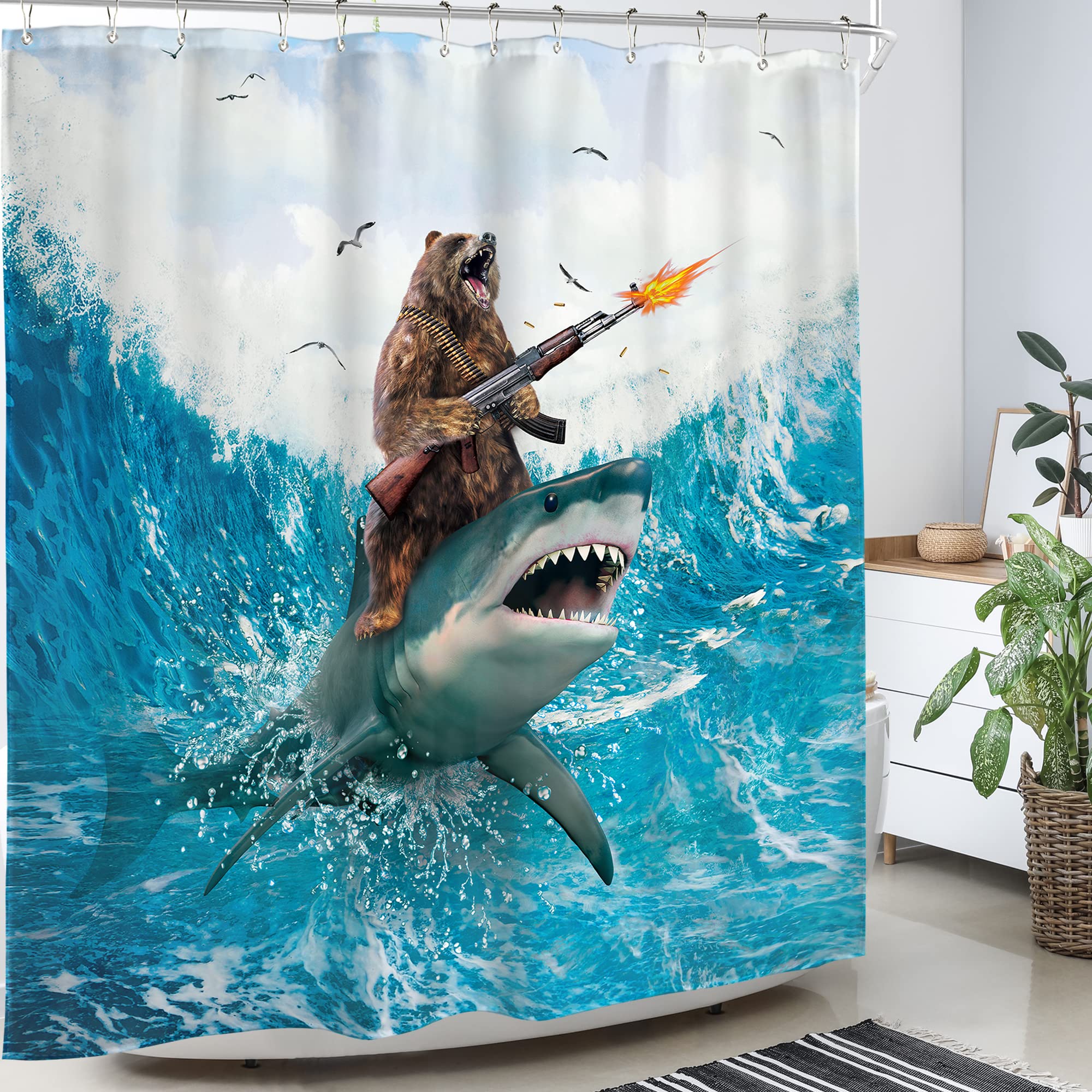 Funny Shark Eating Pizza Shower Curtain - Waterproof Bathroom Decor For Kids & Adults, 72x72 Inches With Hooks