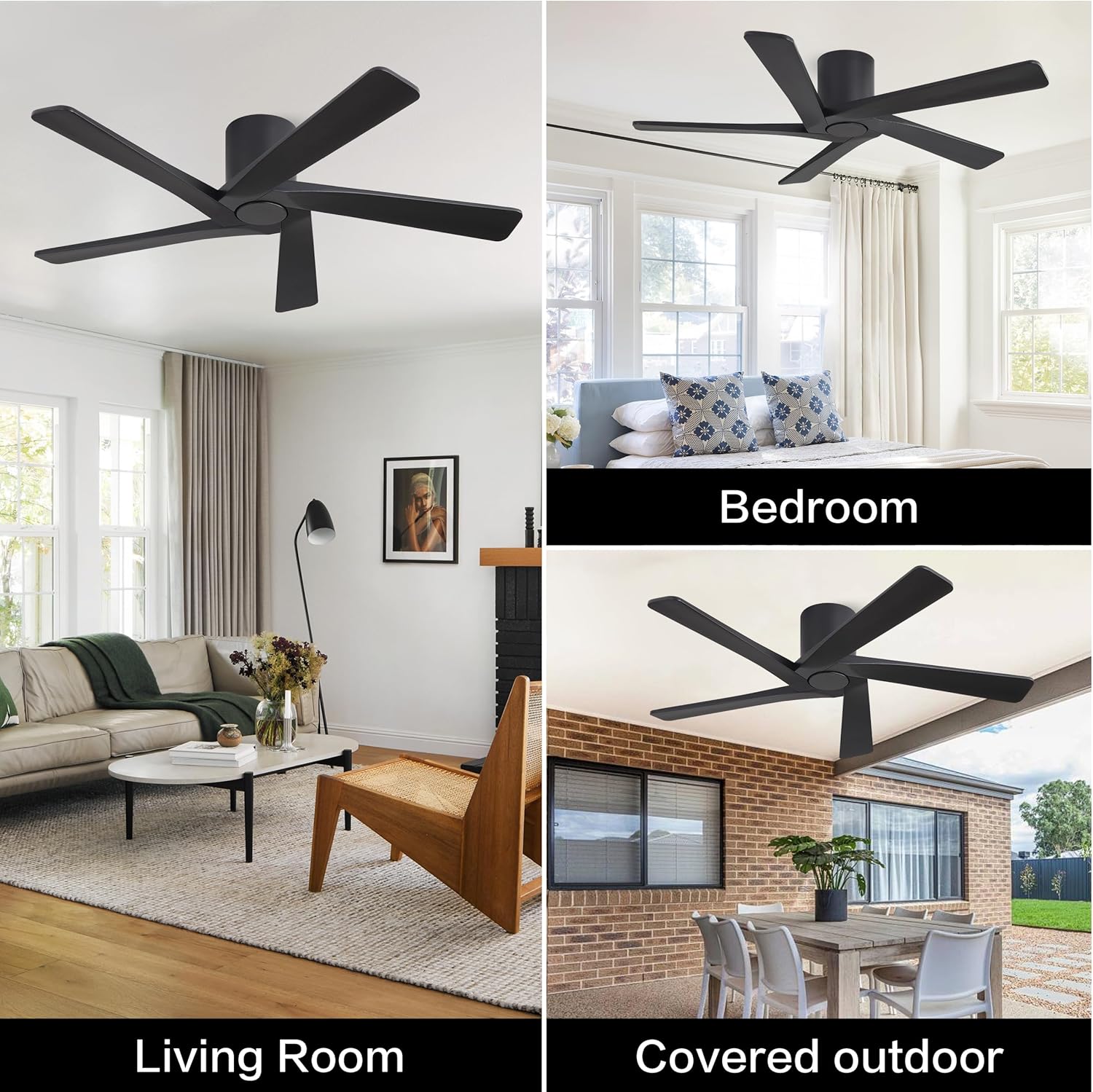 WINGBO 54 Inch Flush Mount DC Ceiling Fans without Lights, 5 Carved Solid Wood Blades, 6-Speed Reversible DC Motor, Low Profile Hugger Ceiling Fan No Lights for Indoor and Outdoor, Matte Black