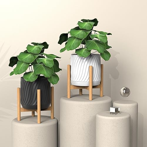 Miniatura 3 de Maceta de cerámica de 6.5 pulgadas con soporte, incluye orificio de drenaje y platillo, maceta de escritorio moderna de mediados de siglo para