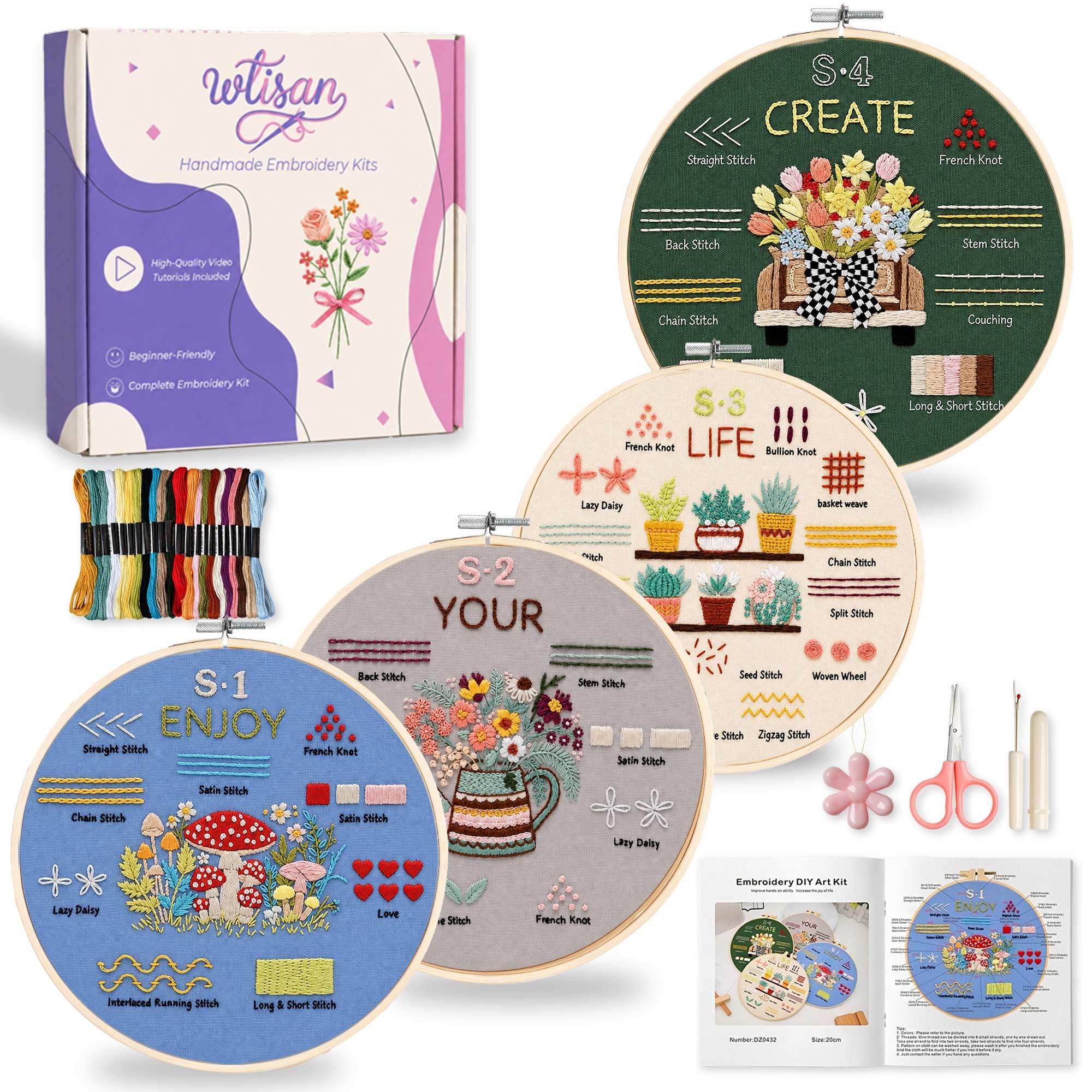 Beginner Embroidery Kits - 4 Pack Floral Designs -8