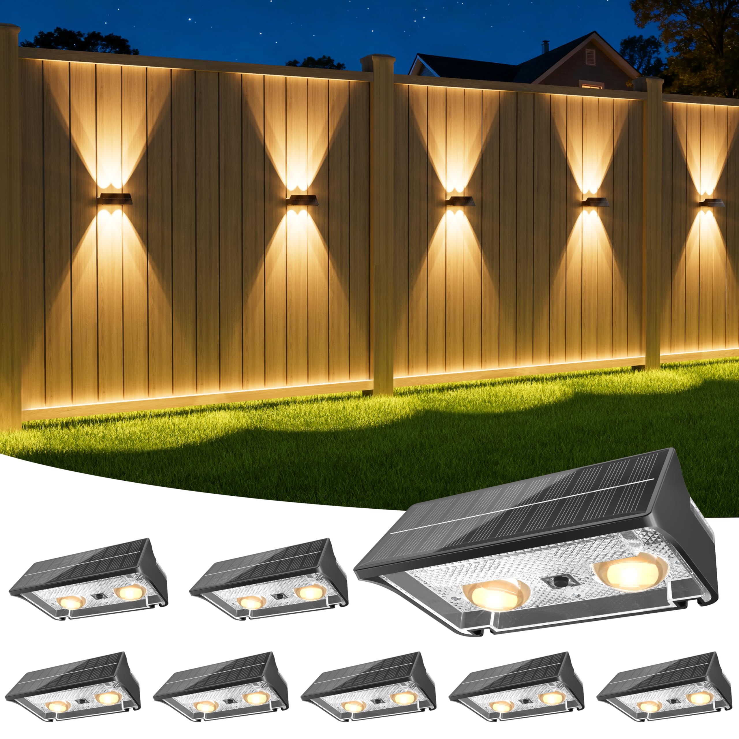 Solar Fence Lights Outdoor, 8 Pack Up and Down Waterproof Solar Wall Lights, Fence Lights with Lens, Warm & Cool White + RGB, Dusk to Dawn Lighting for Patio, Backyard, Pool, Railing (Black)