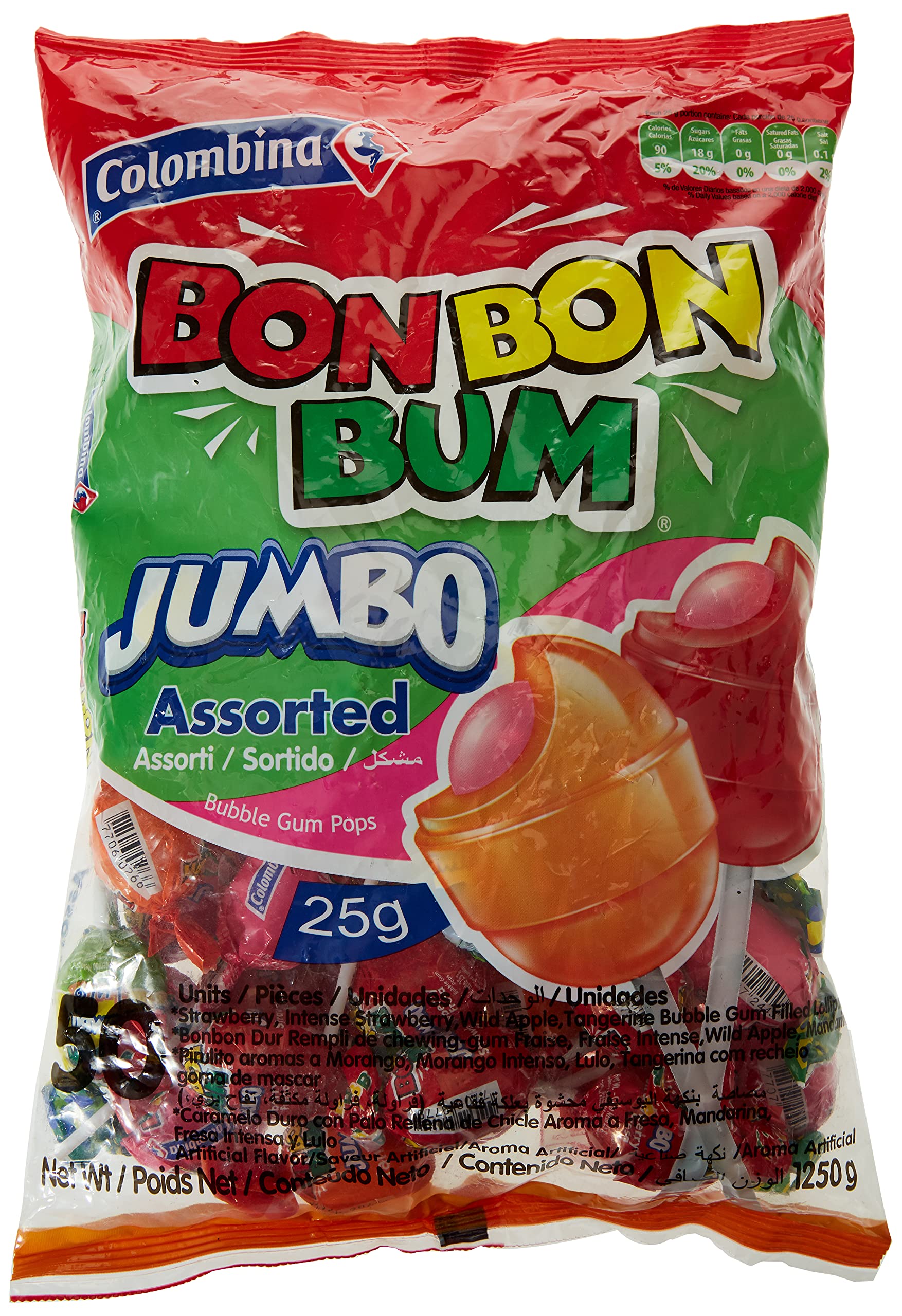Colombina Bbb Jumbo Assorted Bubble Gum Pops, 1.25 Kg