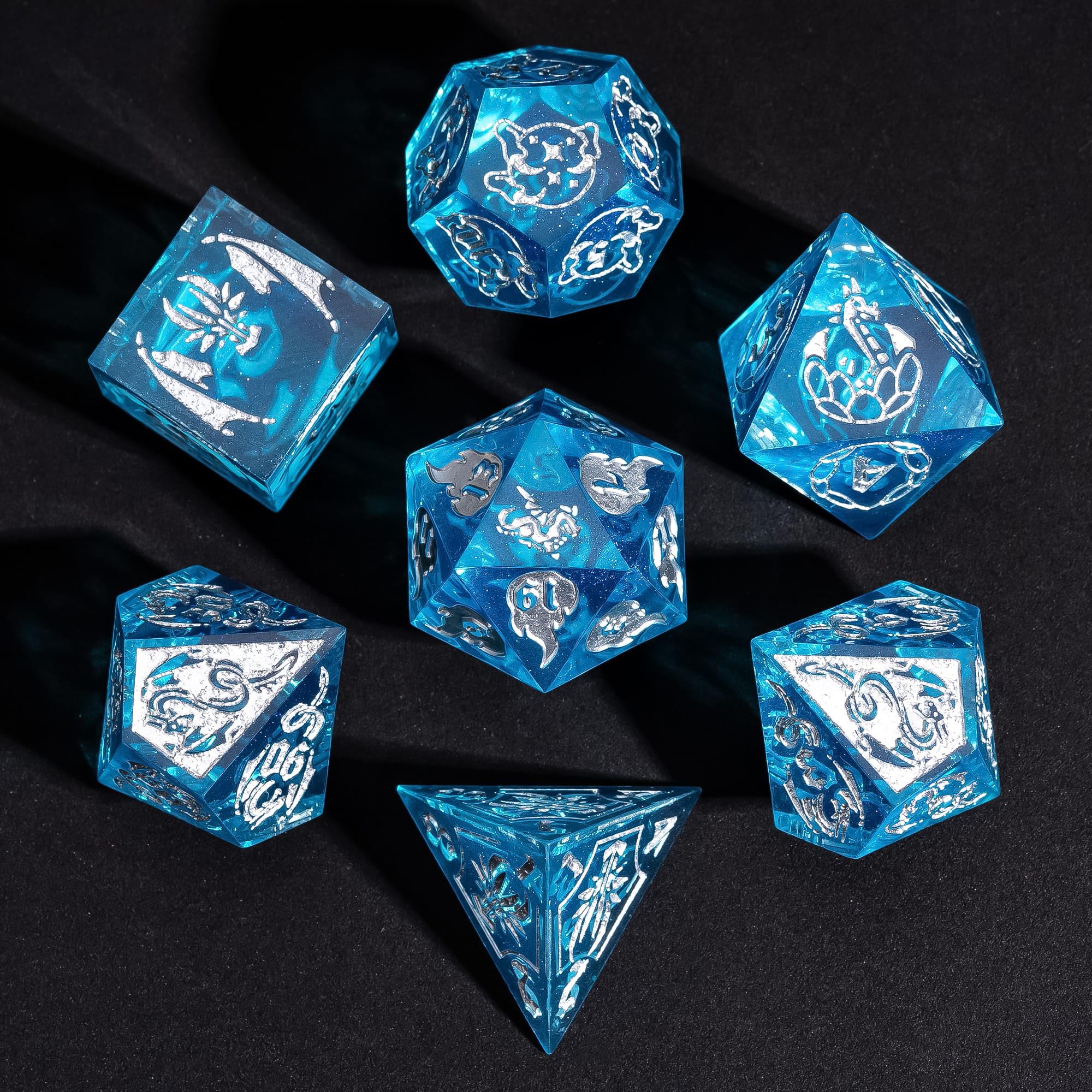 Cusdie 7-Piece Sharp Edges DND Dice Set with Dragon Pattern - Perfect for Tabletop RPGs Board Games Gifting and Collecting(Transparent Blue/Silver Number) â image 1