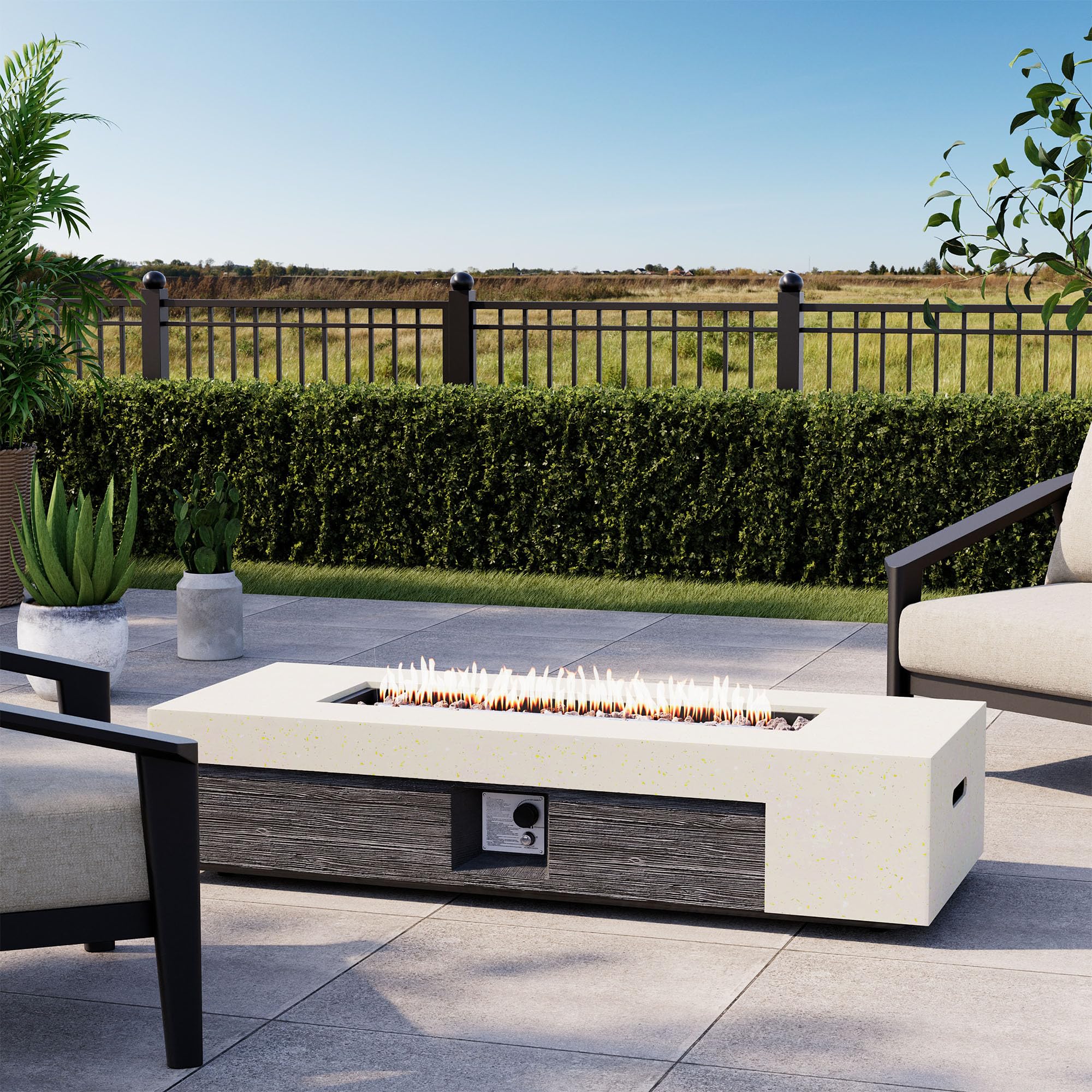 COSIEST 56" Outdoor Propane Fire Pit Table Rectangle Gas Fire Pit Table with Concrete & Wood Grain Design, 50000BTU CSA Certified Electronic Ignition Fire Tables for Patio, Backyard, Garden Heating