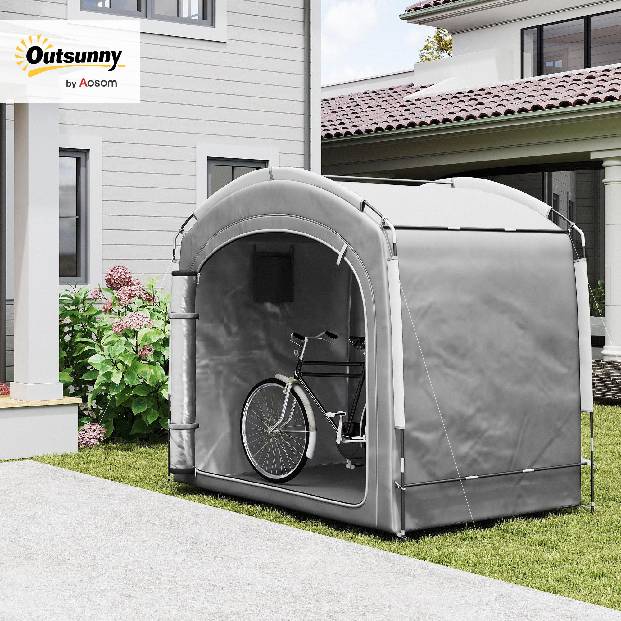 Outsunny Tienda para Guardar Bicicletas en el Exterior, cobertizo portátil para 3-4 Bicicletas con 2 Bolsillos Laterales, 205 x 140 x 188 cm, Gris Oscuro