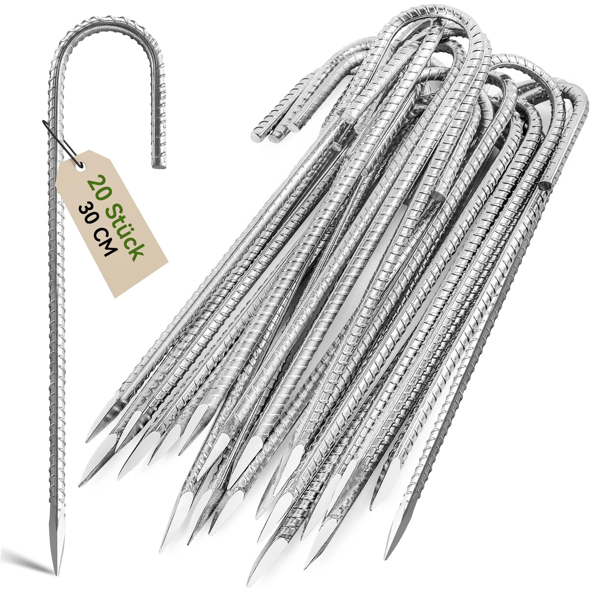 20 Stück 30cm Schwere Trampolin-Zeltanker-Bodennägel - Verzinkter Stahl Rostfrei J-Haken-Rebar-Pfähle passend für Trampoline, Camping, Gartenschuppen, Schaukeln mit Meißelspitzenende