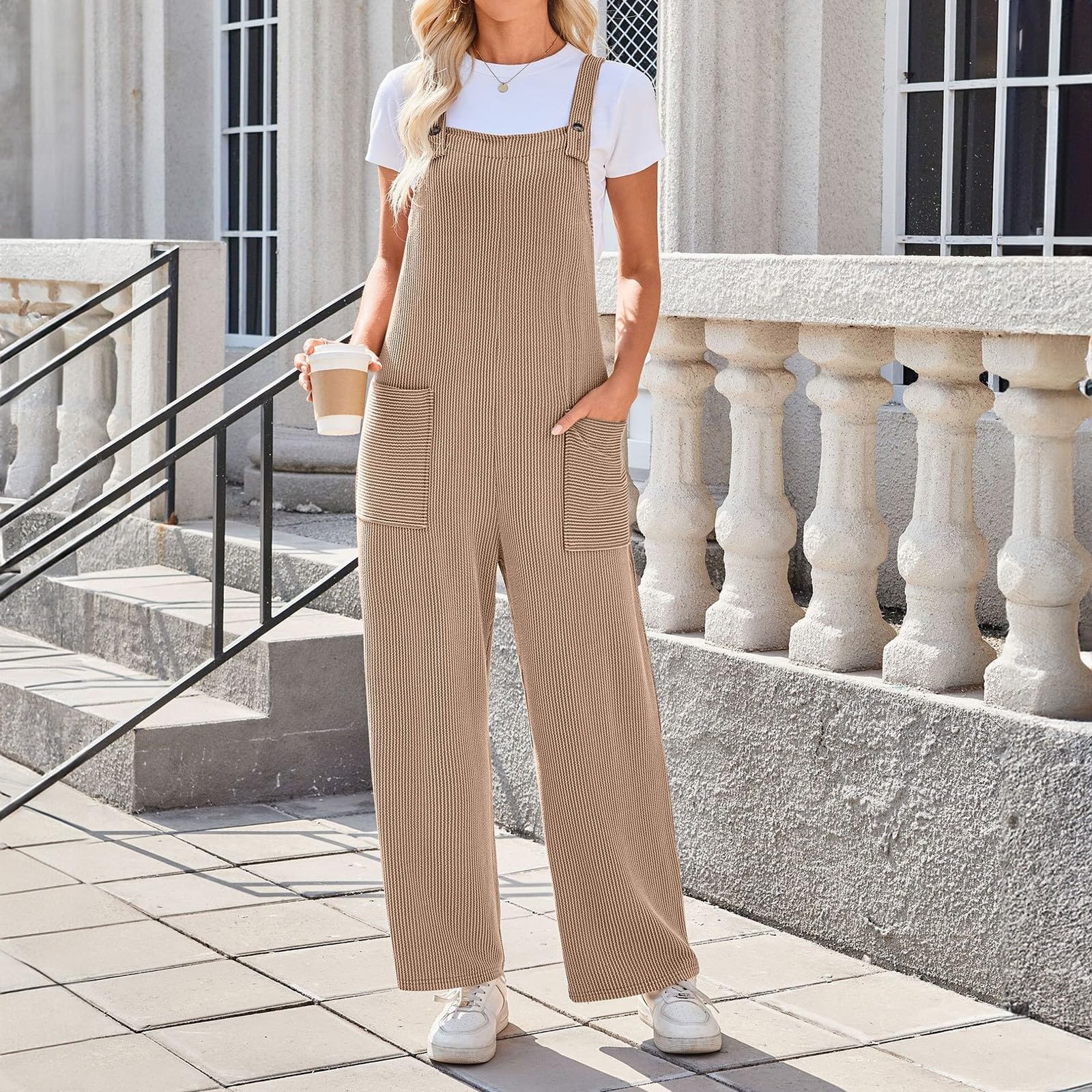 Tuta estiva da donna, lunga, larga, sportiva, elegante, salopette, da lavoro, casual, tinta unita, con tasche
