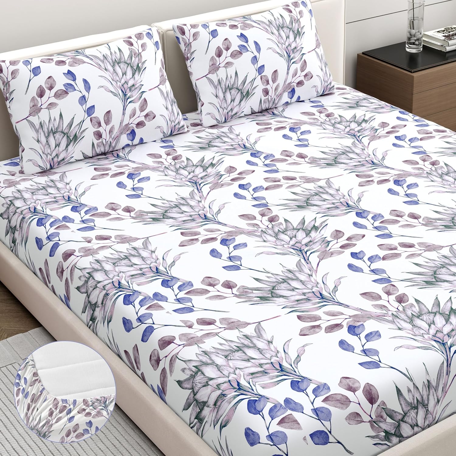 Home Ecstasy 100% Cotton King Fitted Leafs Bedsheet with 2 Pillow Covers – (Size 72 x 78 inches, 140 TC, Colour – Purple) Home Ecstasy 100% Cotton King Fitted Leafs Bedsheet with 2 Pillow Covers – (Size 72 x 78 inches, 140 TC, Colour – Purple)