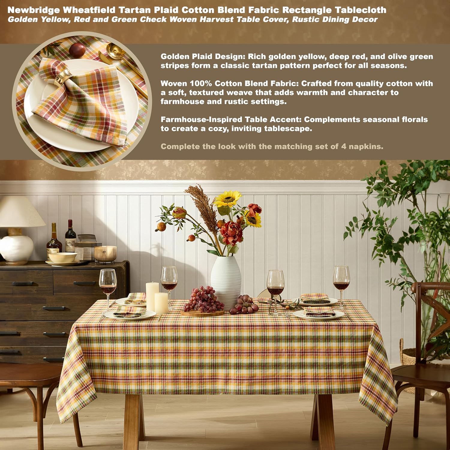 Newbridge Wheatfield Golden Yellow Tartan Spring Holiday Plaid Fabric Tablecloth, 60 x 102 Inch Rectangular, Red Green Check Farmhouse Tartan Plaid Washable Easy Care Table Cover