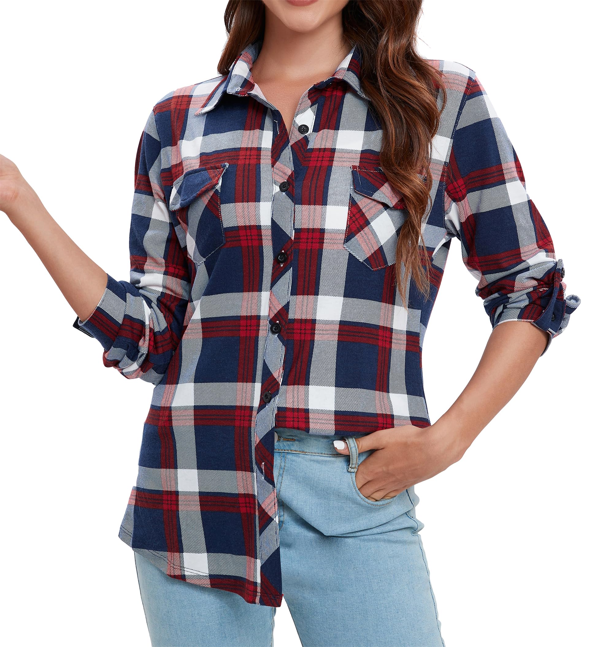 Oyamiki Womens Casual Cuffed Long Sleeve Boyfriend Button Down Plaid Flannel Shirt Tops