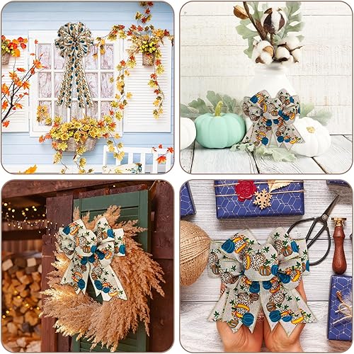 Miniatura 7 de Whaline Cinta de calabaza de otoño con borde con alambre, cinta de calabaza azul para manualidades, cinta de tela de cosecha de otoño, cintas de