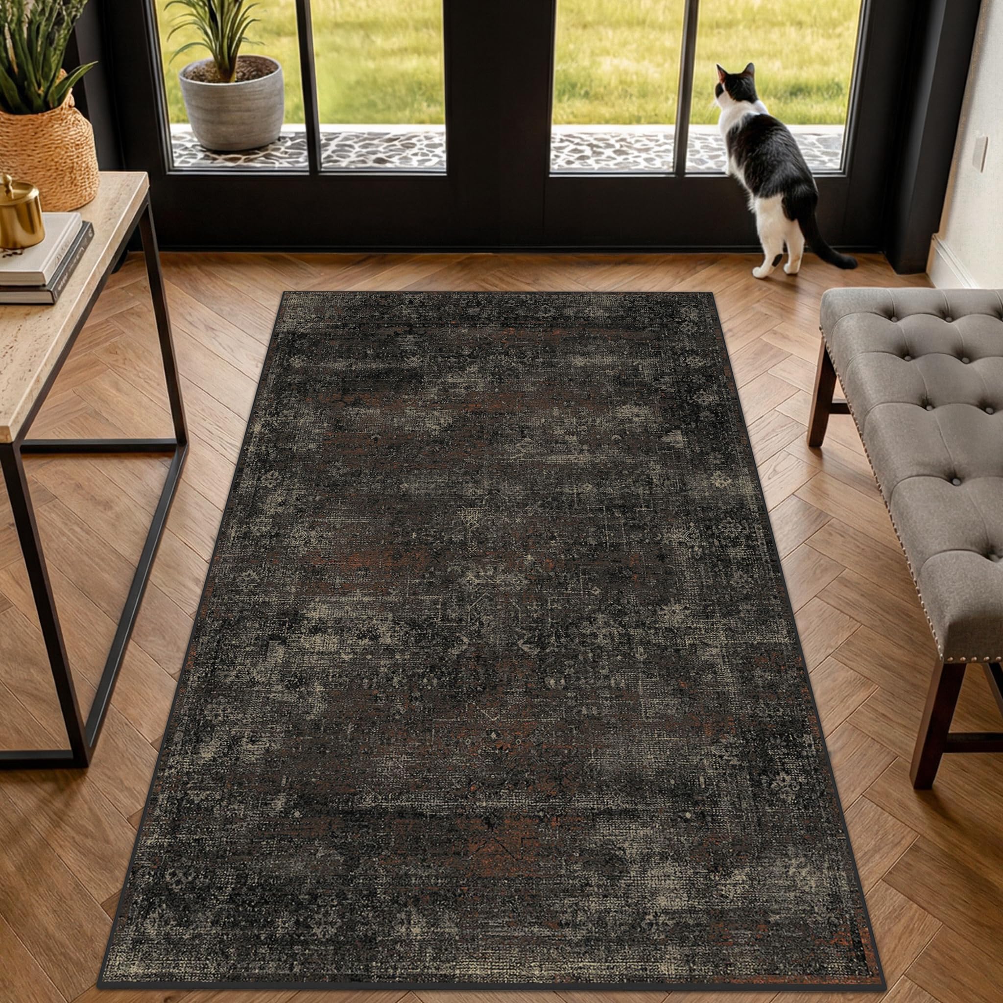 Photo 1 of Black 3x5 Washable Entryway Rug, Non Slip Indoor Kitchen Rug, Dark Charcoal Farmhouse Low Pile Area Rug for Mudroom, Bedroom, Bathroom & Laundry Room