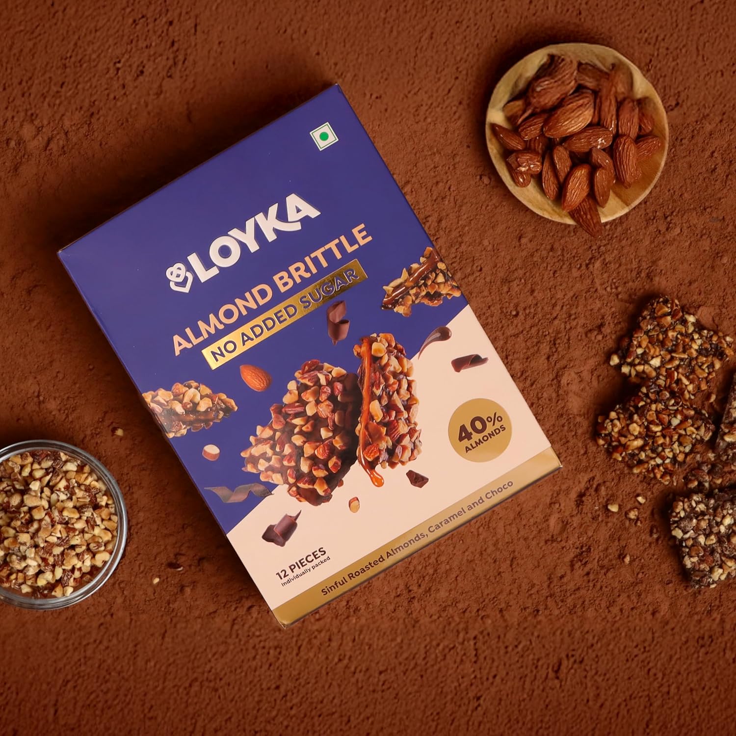 LOYKA Almond Brittle No Added Sugar Choco Box - 12 Pcs,Diet Friendly,No Refined Sugar Added,Healthy Guilt-Free Morning/Evening Snack,Better-for-You Snack,Roasted California Almonds (40%) - 204 gm