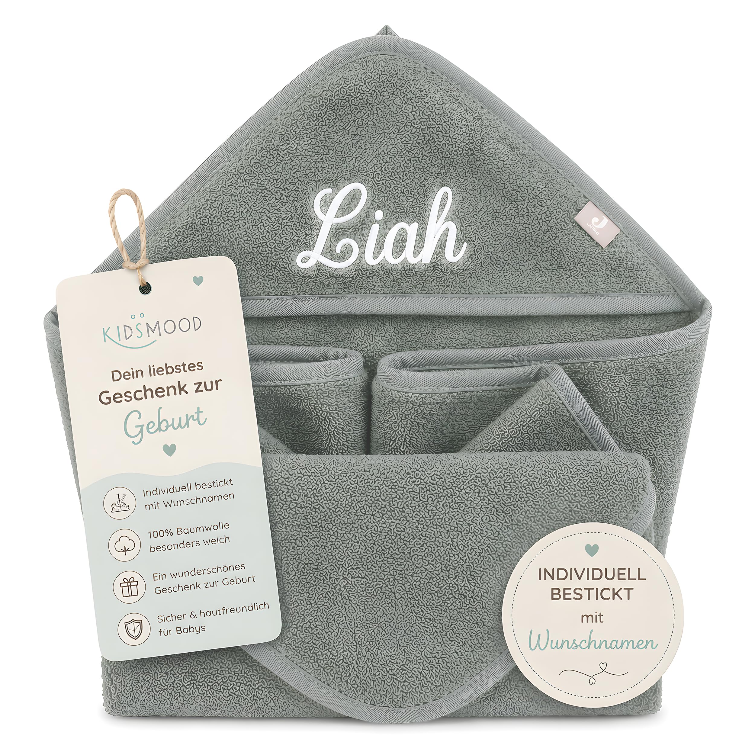 Kidsmood - personalisiertes Kapuzenhandtuch Baby | Niedliches Babyhandtuch, Bestickt mit Namen | Flauschig & sicher für zarte Babyhaut Liebevolles Geschenk zur Geburt Mädchen & Jungen (75x75 cm)