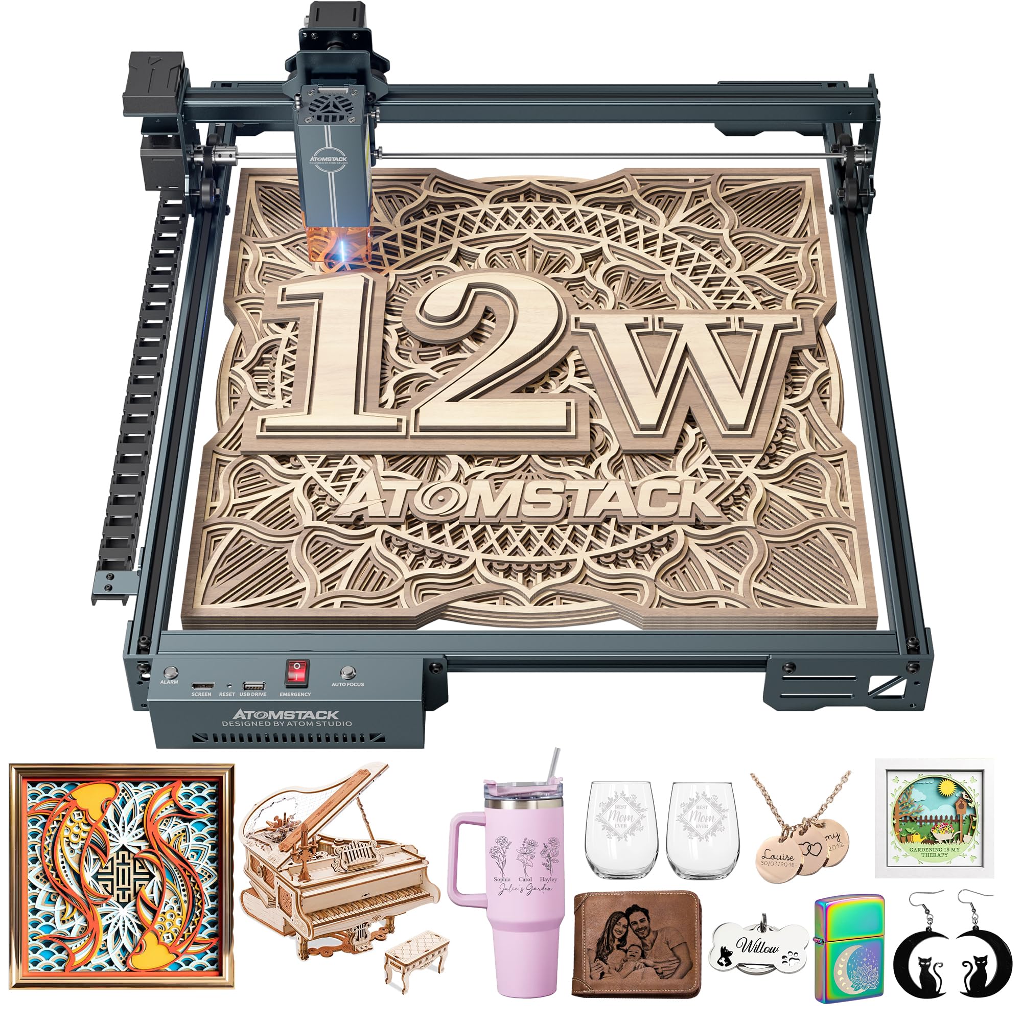 ATOMSTACK12W Laser Engraver, A10 PRO V2 Laser Cutter, 0.06mm High Accuracy Laser Engraving Machine for Wood and Metal, Dark Acrylic, Glass, Leather, Engraving Area 15.7 "x15.7"
