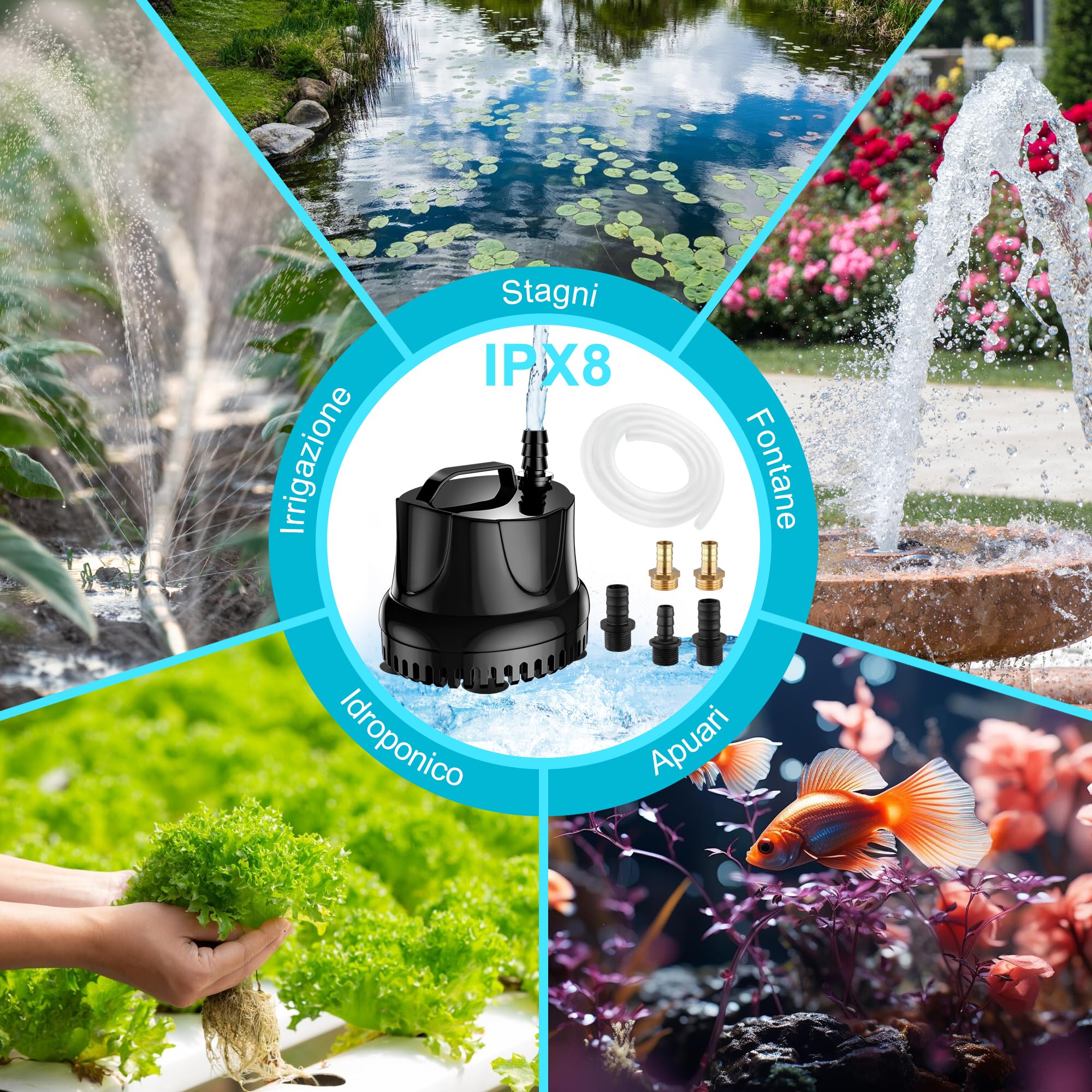 25W 1500L/H Pompa ad Acqua Sommergibile per Acquario Fontane da Tavolo Stagno Giardini Acqua con 5 ugelli 1.5M Tubo Trasparente Flessibile AC220-240V