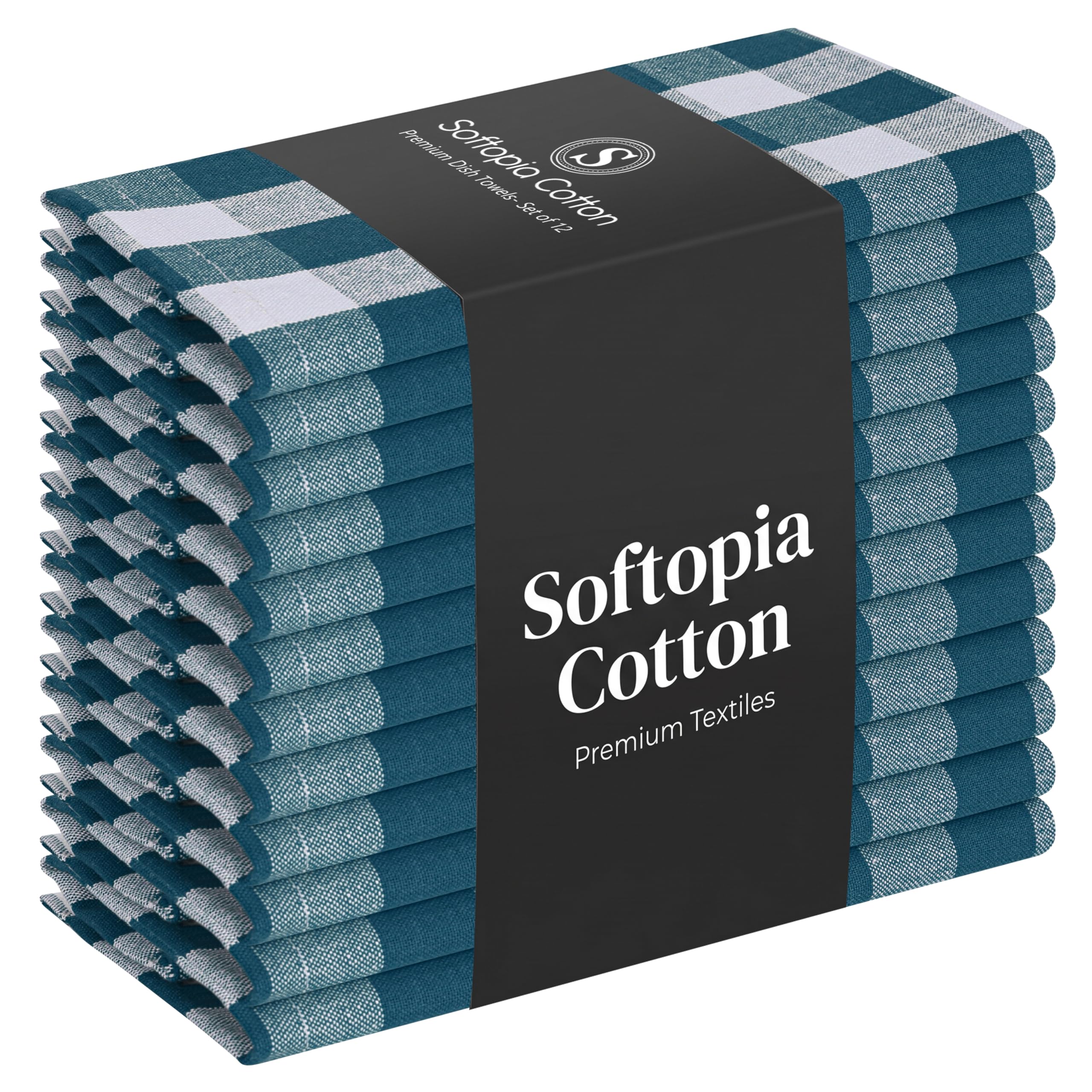 Gingham Checked Kitchen Dish Towels 12 Pack, 18"x26", 100% Cotton, Quick Dry Wash Rags, Reusable Dishcloths Set, Machine Washable, Absorbent Hand Towel - Teal Green, White