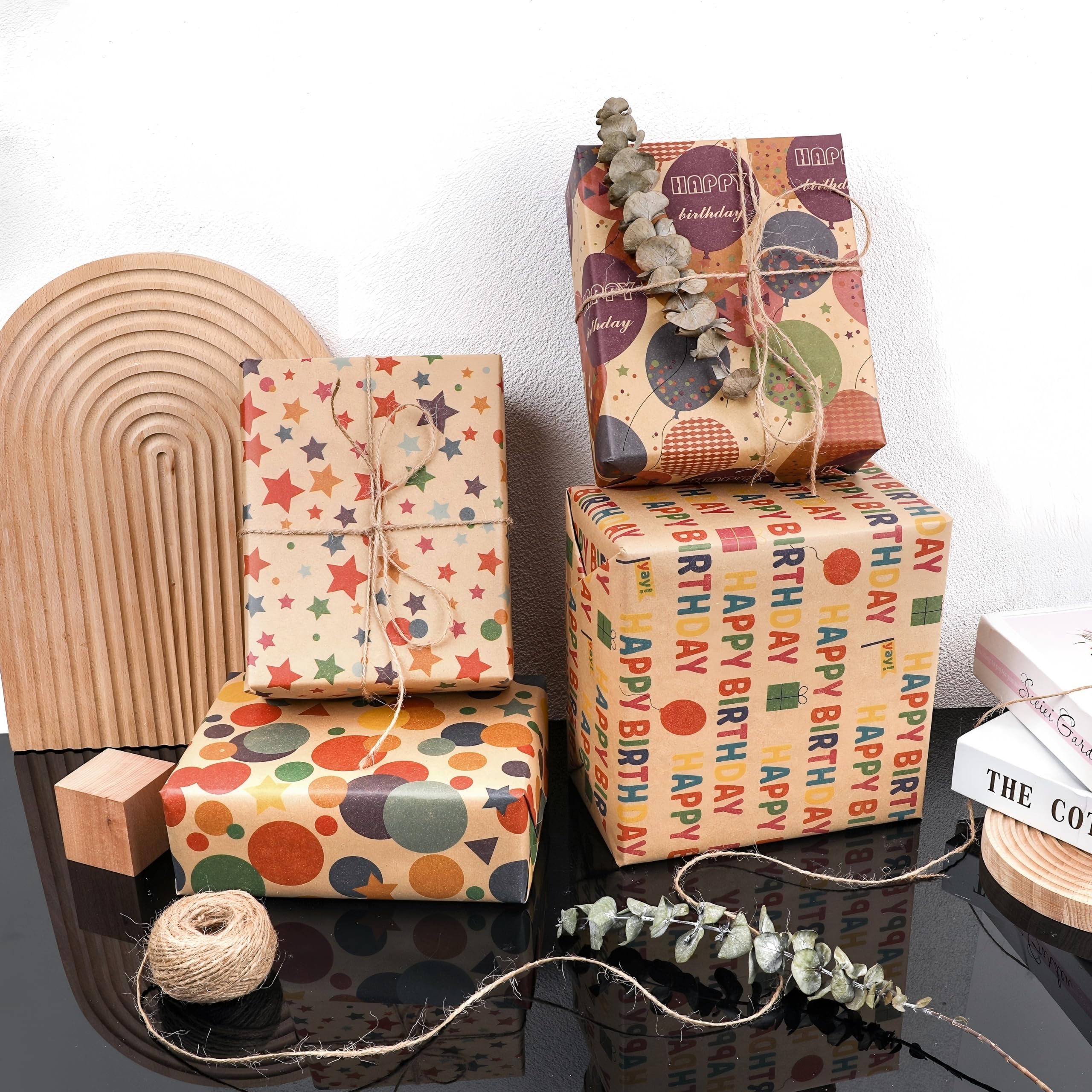 NESCCI Papel de regalo de cumpleaños, rollo de papel de regalo, papel de regalo kraft, 3 rollos de 17 pulgadas x 32.8 pies por rollo, colorido patrón de feliz cumpleaños para niños y niñas, perfecto