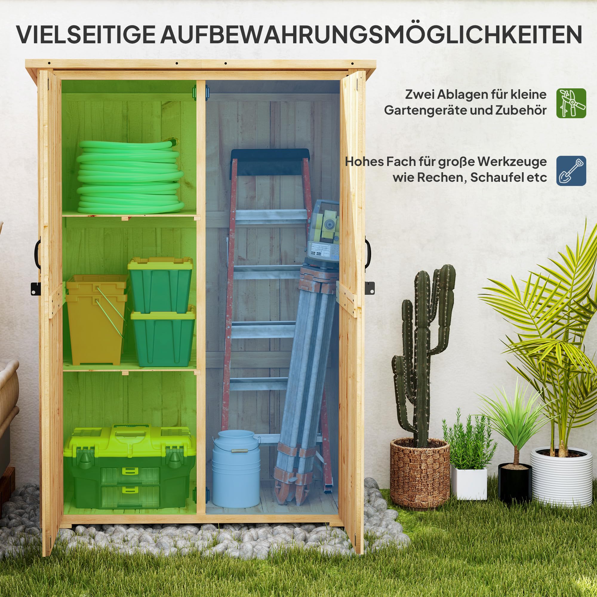 Outsunny Gartenschrank Holz Abschließbar 116,5x57x167cm Naturholz | Geräteschuppen mit Ablage, Doppeltür, Asphalt-Dach, Wetterfest, Geräteschrank, Gerätehaus Gartenschuppen, Für Garten Terrasse