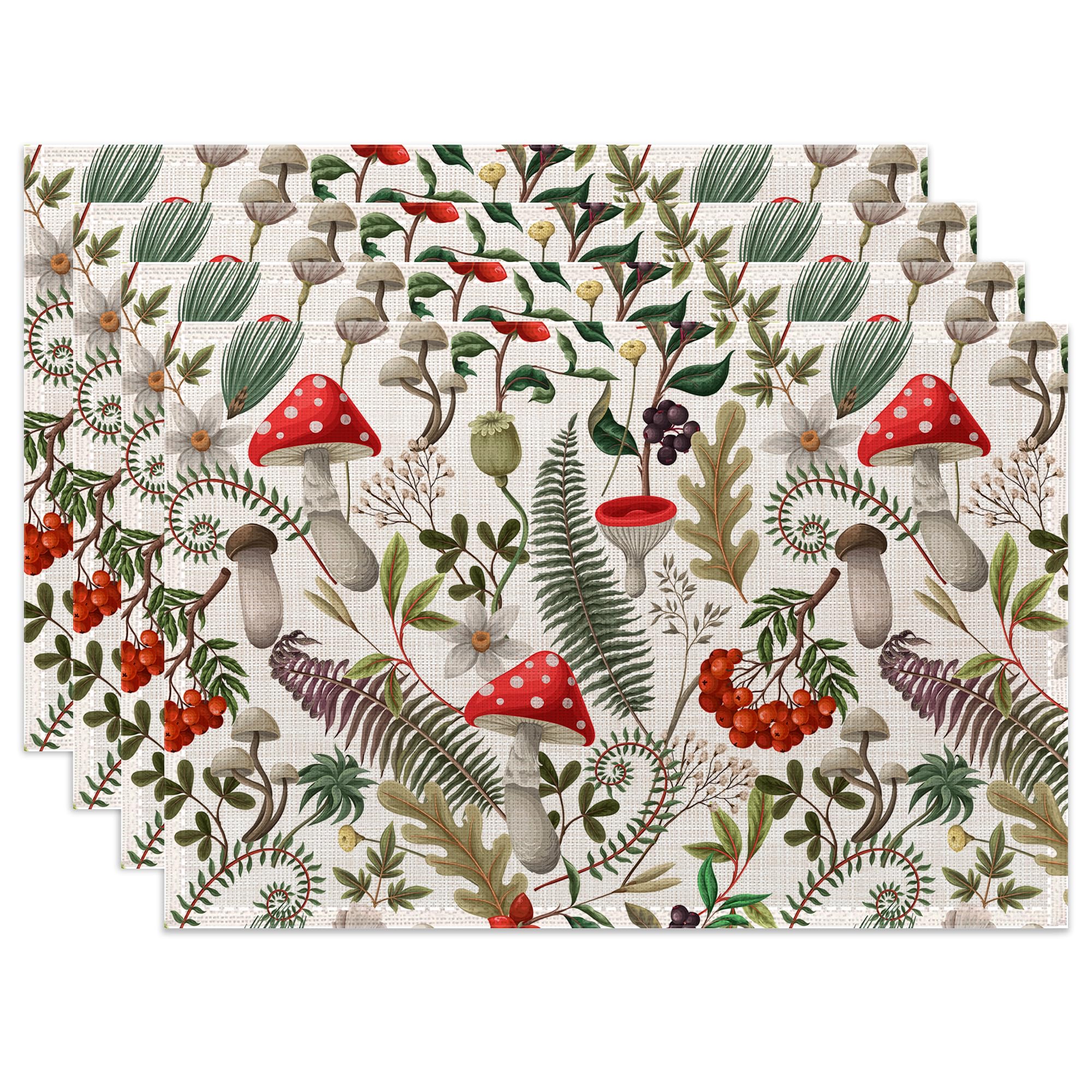 Vintage Mushroom Fern and Berries Placemats Linen Table Place Mats Set of 4 Non-Slip Heat Resistant Table Mats for Dining Kitchen Cabin Decor 12x18 Inch