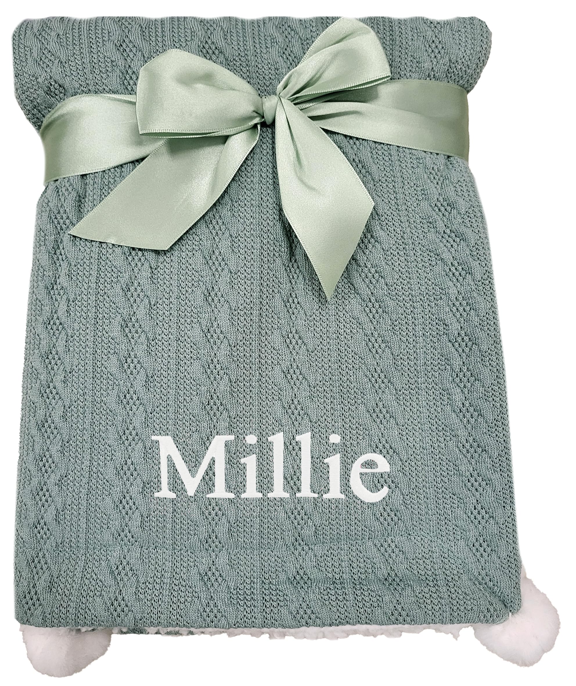 The Baby Box Uk Men's Sage Green Baby Boy Girl Personalised Knitted Pom Pom Blanket Embroidered Name (Sage Green)