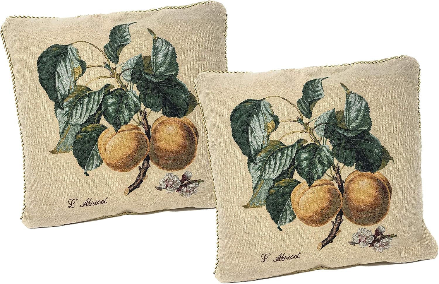 DaDa Bedding Tapestry Botanical Throw Pillow Covers - Set of 2 Yellow Apricots Floral Fruit Blossom - Woven Needle Stitched Cushions Elegant Square Colorful Decor - 2-Pieces - 18" x 18"