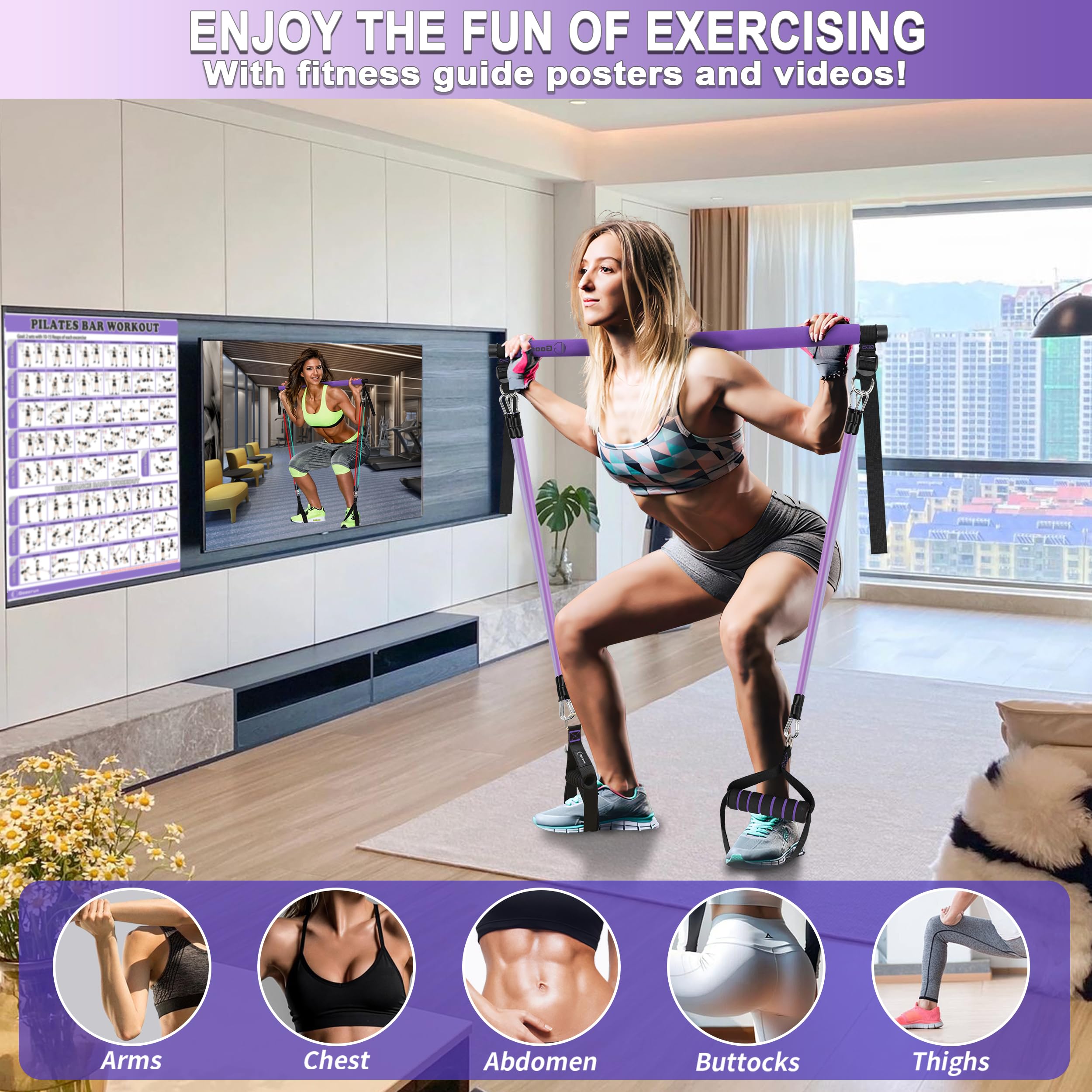Ensemble de Barres de Pilates et Bandes de Résistance avec Poignées, Salle de Sport Portable à Domicile