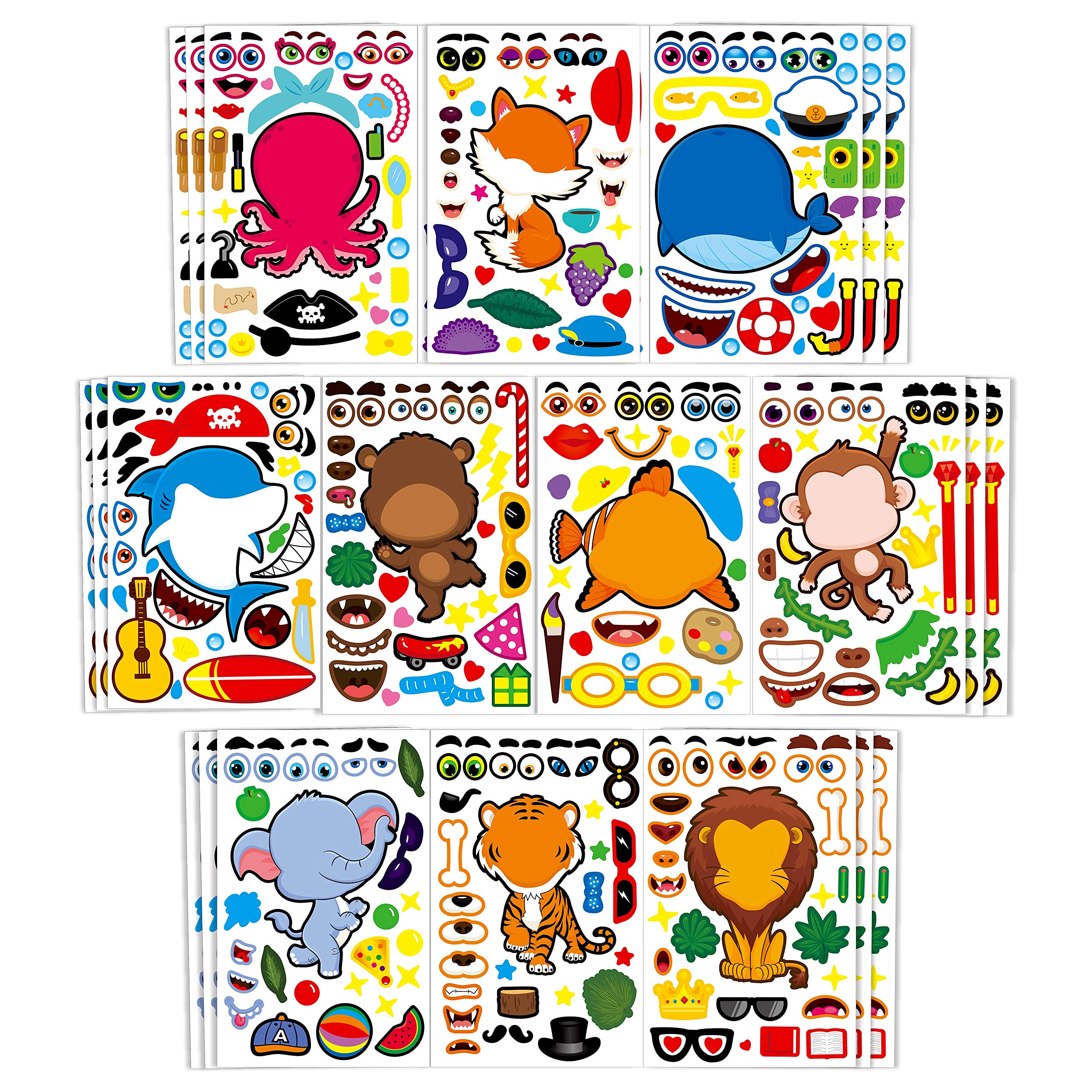40 PCS Make a Face Sticker,Waterproof,Tear Resistant,Repeatable Stick,10 Cartoon Animal Including Sharks, Octopuses, Foxes and More to Foster Kids Creativity