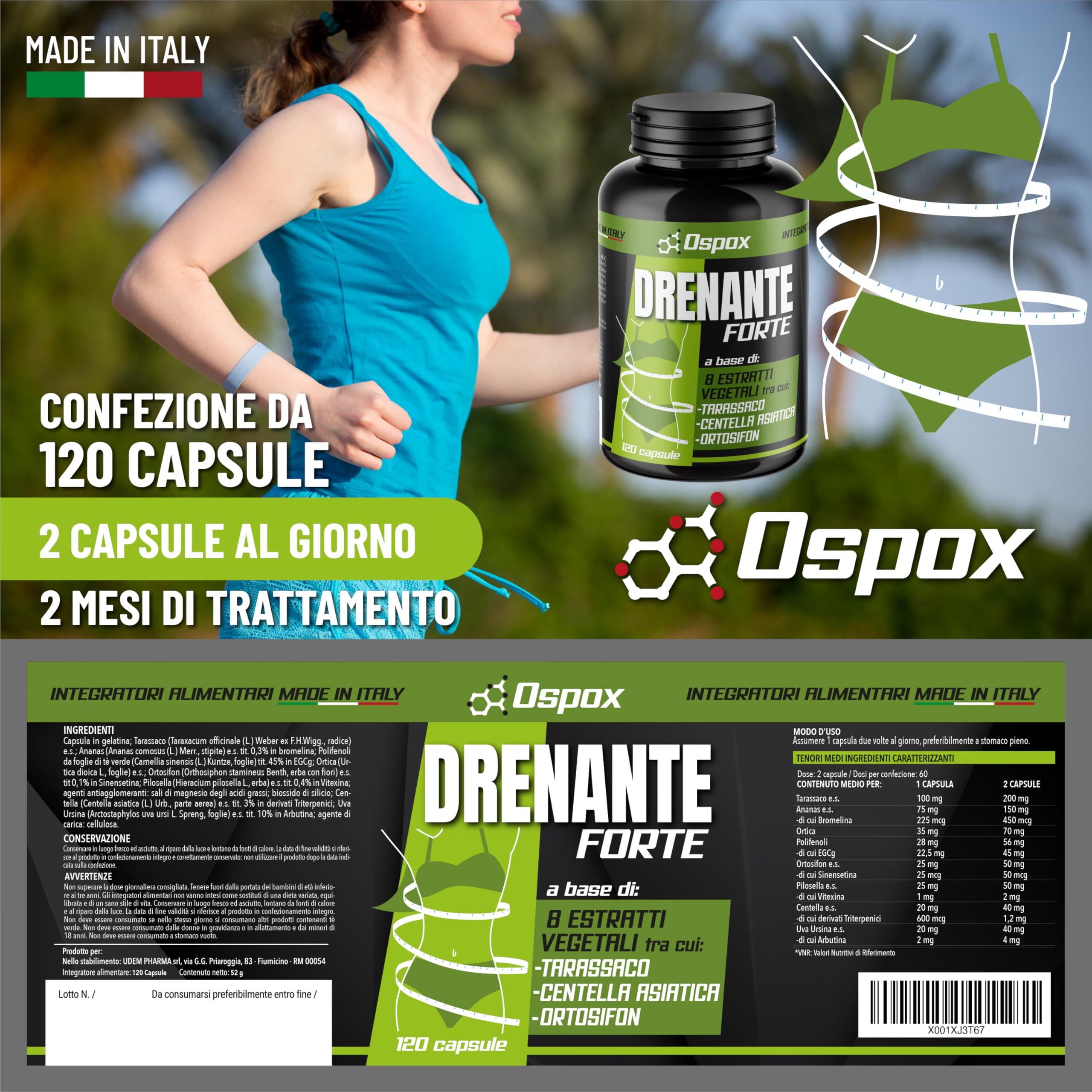 OSPOX Drenante Forte Diuretico 120 Capsule - Detox x Ritenzione Idrica, Cellulite Gambe e Pancia - Made in Italy