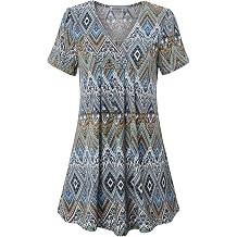 MOQIVGI Womens V Neck Printed Loose Fit Casual Blouse Top Tunic Shirt
